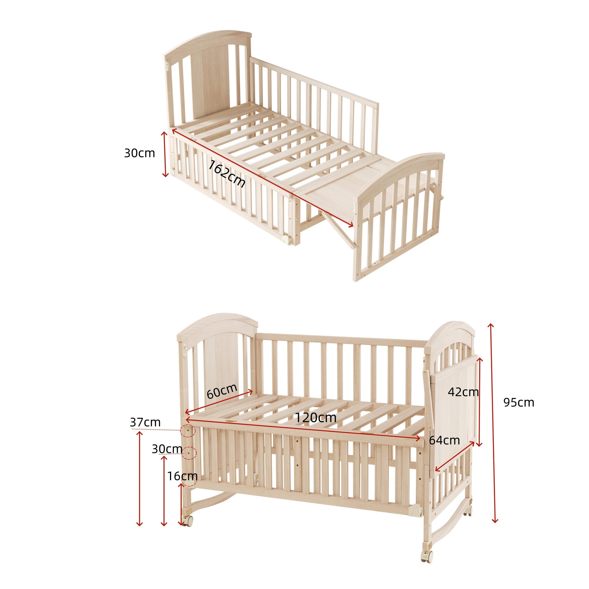 Odikalo Babybett mit Wickeltisch klappbarem Ablagerack, Verlängerbar, als Nebenbett nutzbar, ohne Matratze,120*60*95cm(um 40cm verlängerbar) – Bild 5 von 5