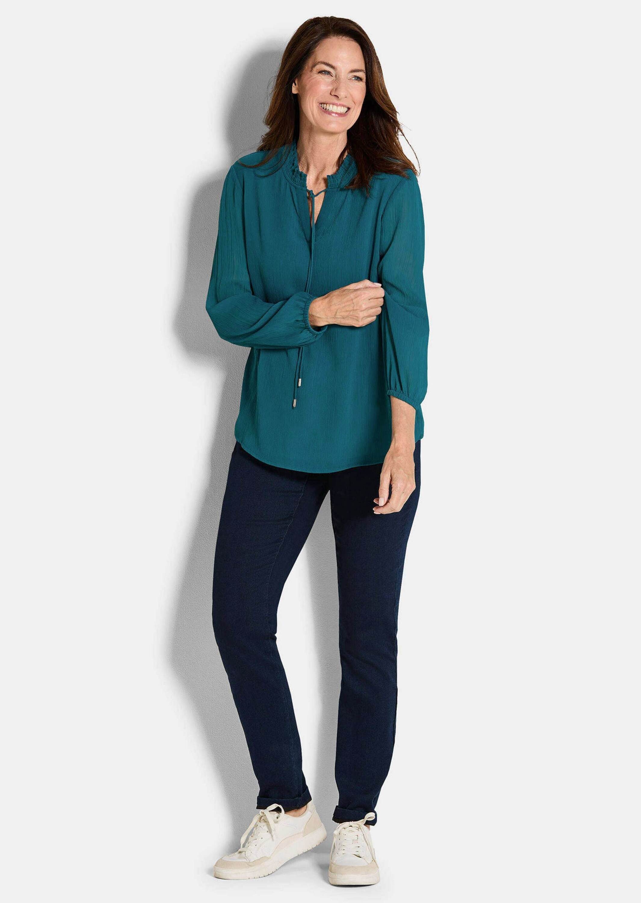 GOLDNER Chiffonbluse Elegante Jersey-Bluse mit Rundhals Viskosebluse mit Rundhalsausschnitt und Langarm