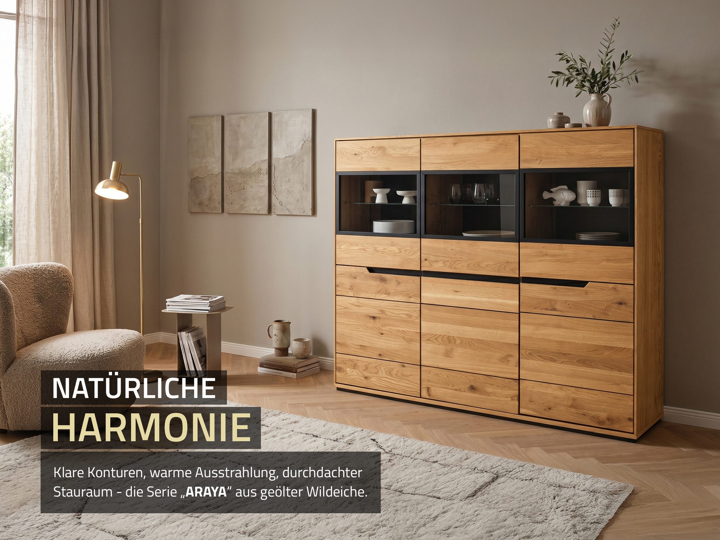 Massivart® Highboard 153 cm Breite Massivholz Wildeiche geölt »ARAYA«, 3 Glastüren · 3 Drehtüren · 6 Einlegeböden · schwarze Griffmulden