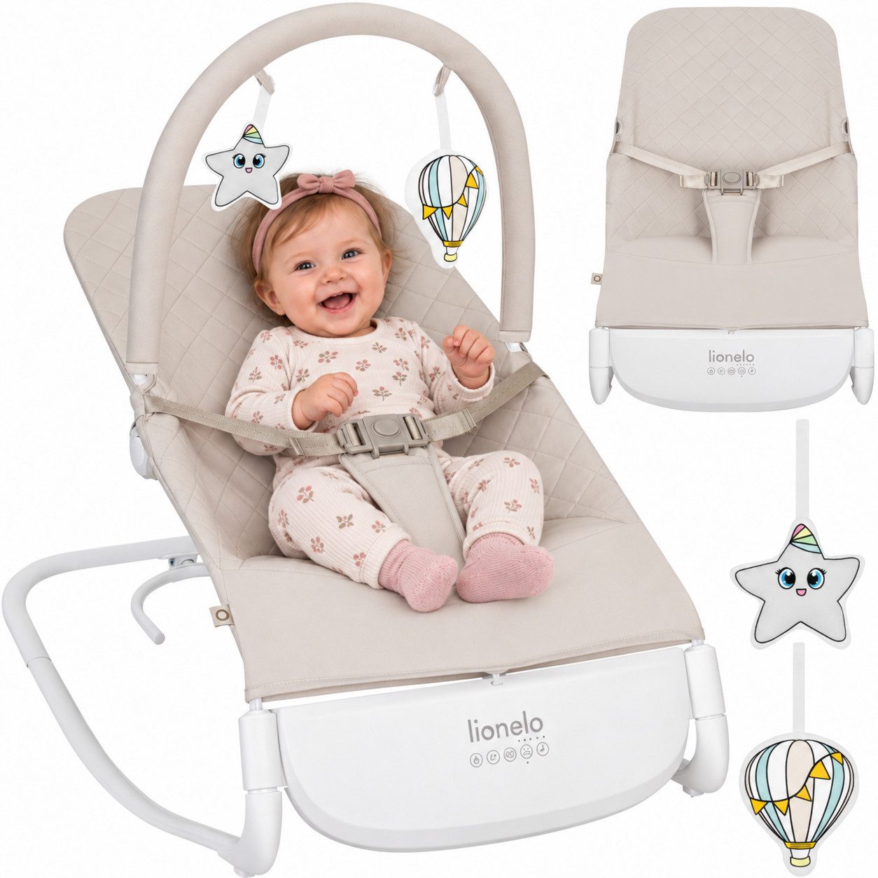 lionelo Babywippe VINCI, 3 Schaukelstufen/Bewegungssensor/30 dB/Timer/Rocking Lock