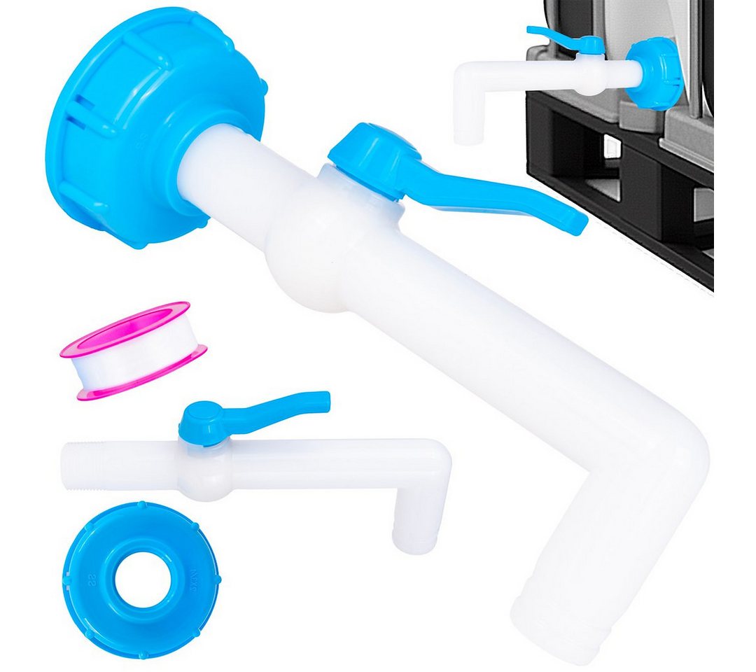 Garronda Auslaufventil IBC Schlauchhahn Set S60x6 mit Schlauchanschluss Kugelhahn GD-0218, (IBC Auslaufventil), Hanh-plastik S60x6 auf 25 mm 90°, 1x Rolle Teflon Abdichtband