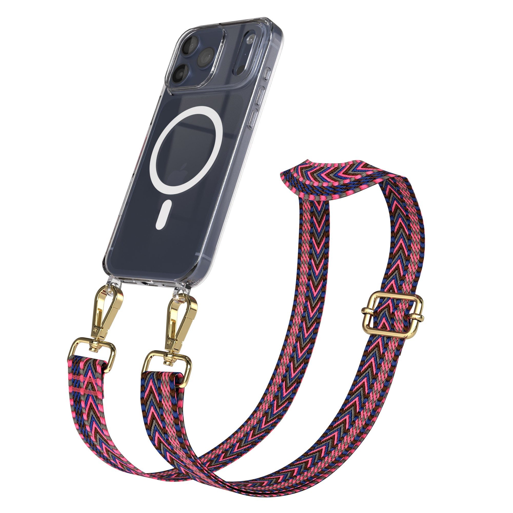 EAZY CASE Handykette Umhängeband MagSafe Hülle Apple iPhone 17 Pro Max 6,9 Zoll, Verstellbarer Trageriemen mit Case transparent DIY Gürteltasche Pink