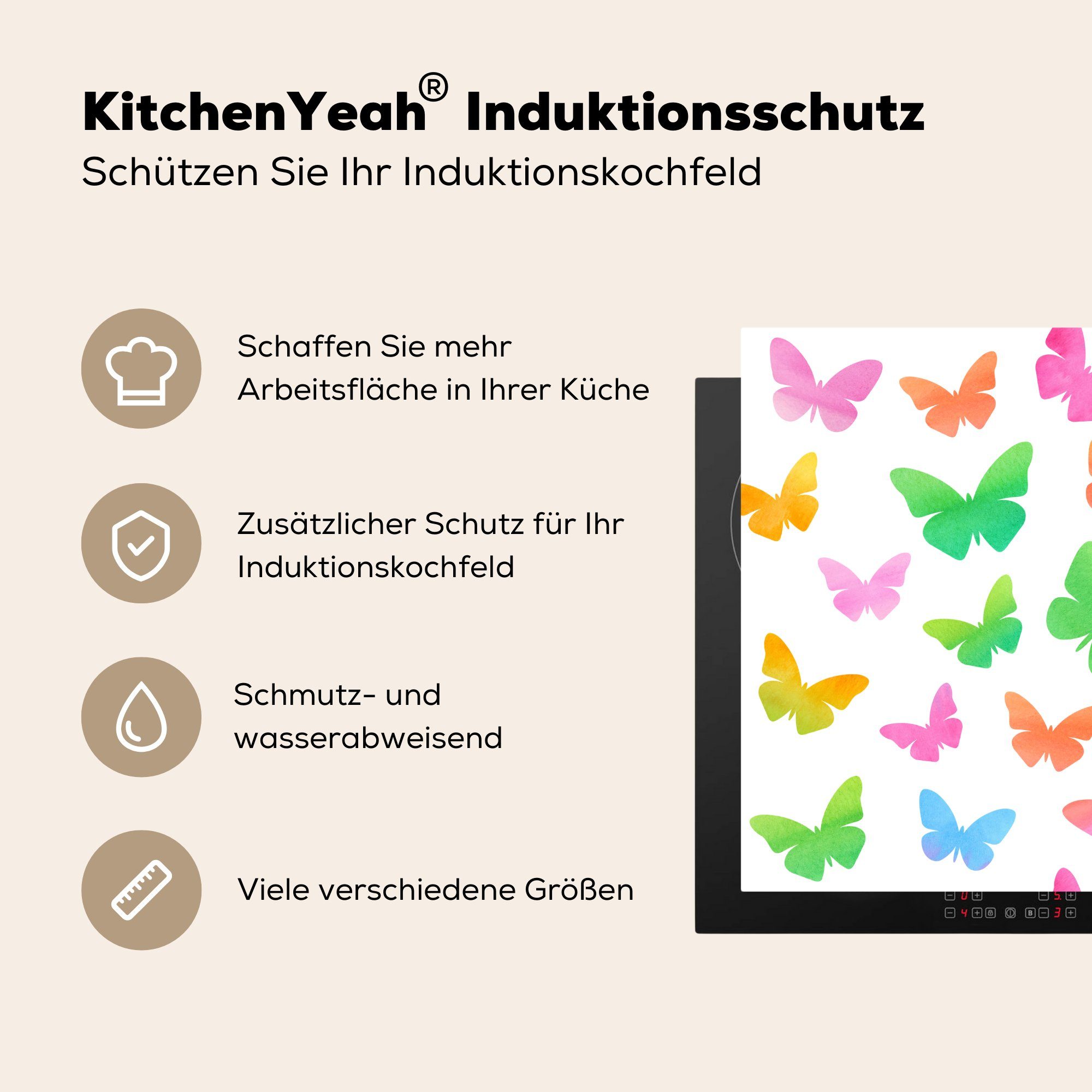 cm, Eine Ceranfeldabdeckung, 78x78 Herdblende-/Abdeckplatte tlg), küche Illustration Schmetterlingen für Wasserfarben, Vinyl, (1 von Arbeitsplatte mit MuchoWow