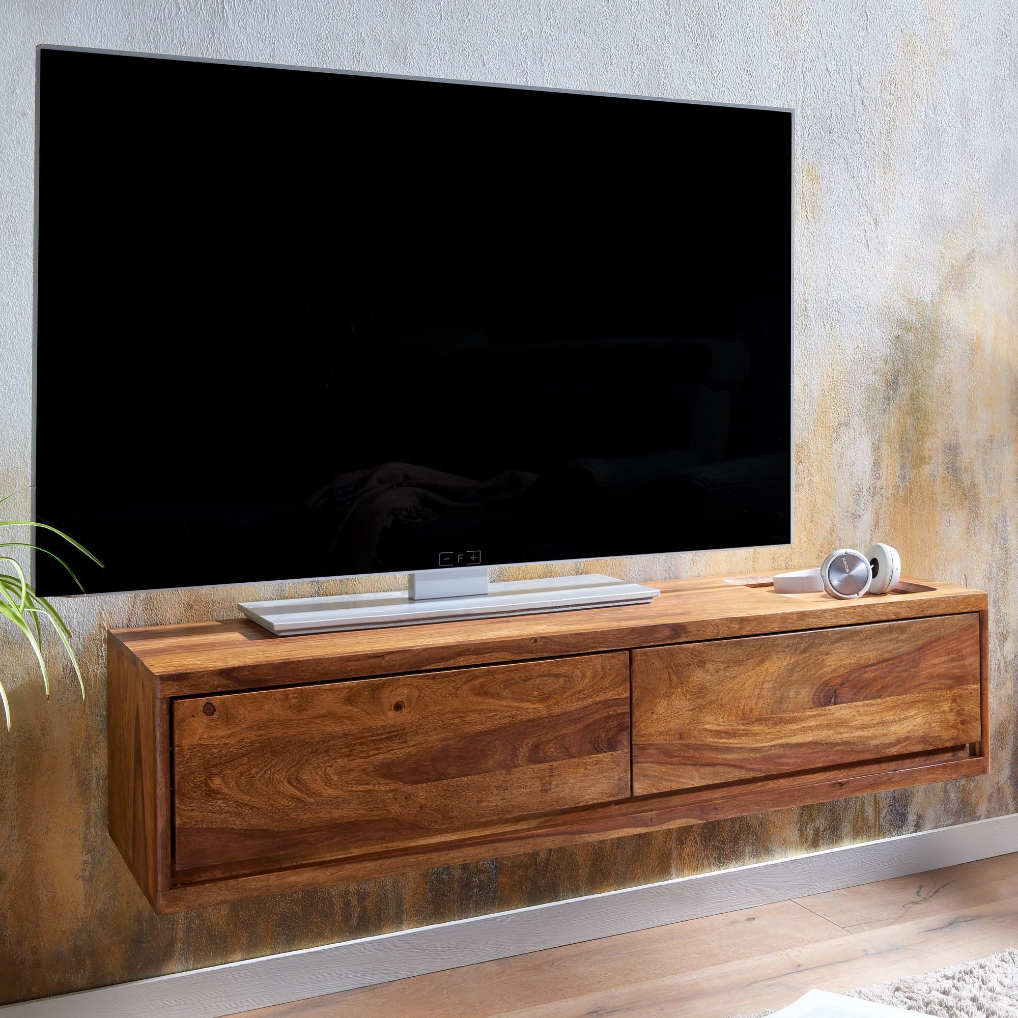 furnicato Lowboard TV-Unterschrank Massivholz Walnuss Finish 108x25x34 cm Braun (1 St), Zwei Schubladen Fernsehkommode mit Ablage für dein Wohnzimmer