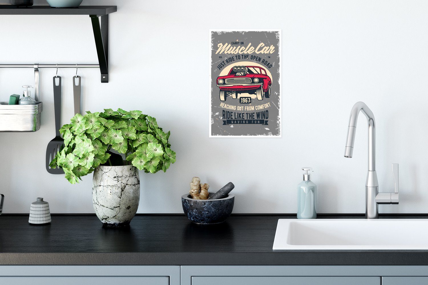 Poster Rot, MuchoWow Wandbild, Mancave Rahmen (1 Wandposter Ohne - Auto - Poster, Wohnzimmer, Vintage - St), für