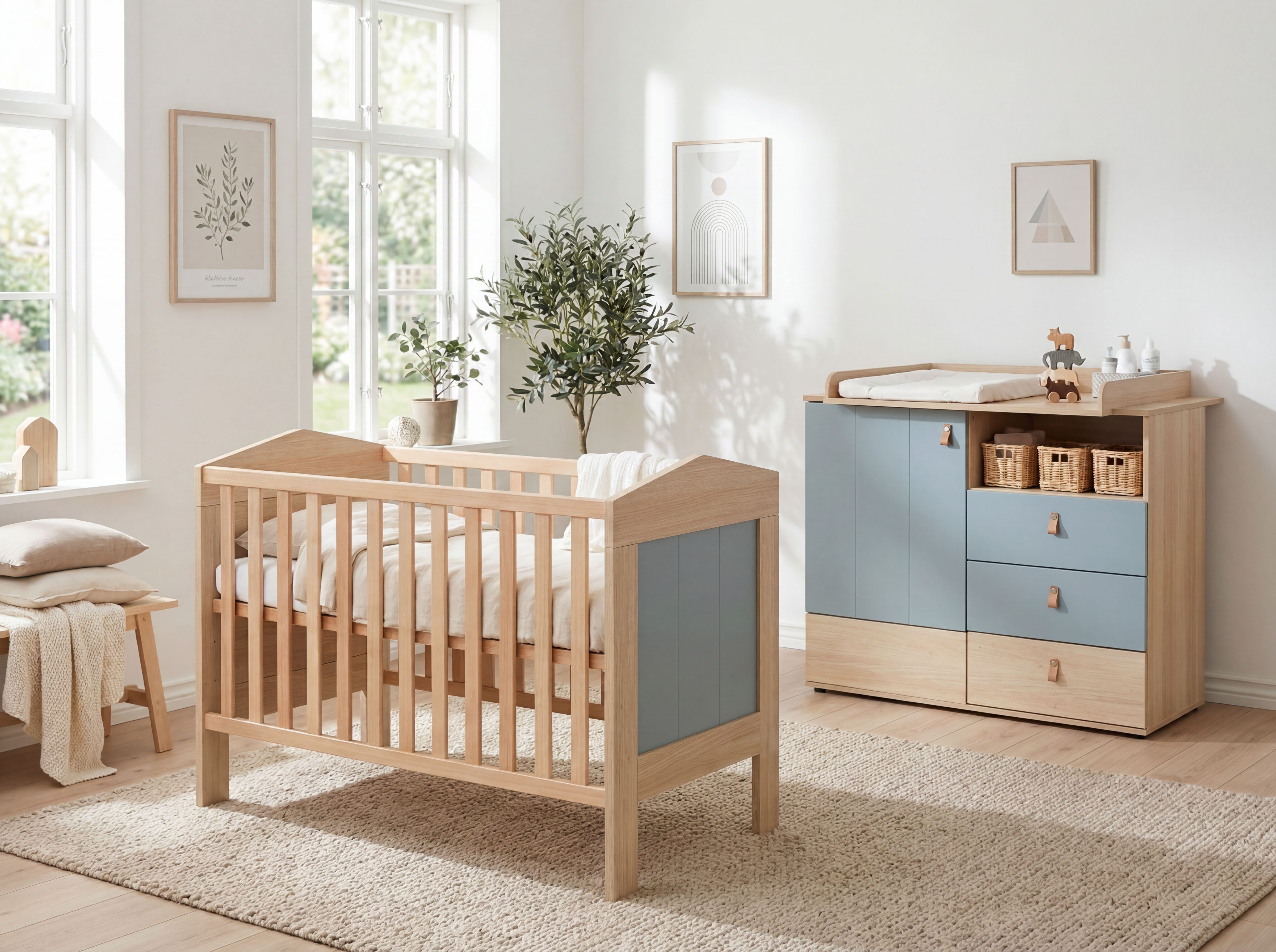 arthur berndt Babyzimmer-Komplettset Roofy, (Spar-Set, 2-tlg., Kinderbett, Wickelkommode), Soft-Close Funktion, Türdämpfung, Ledergriffe
