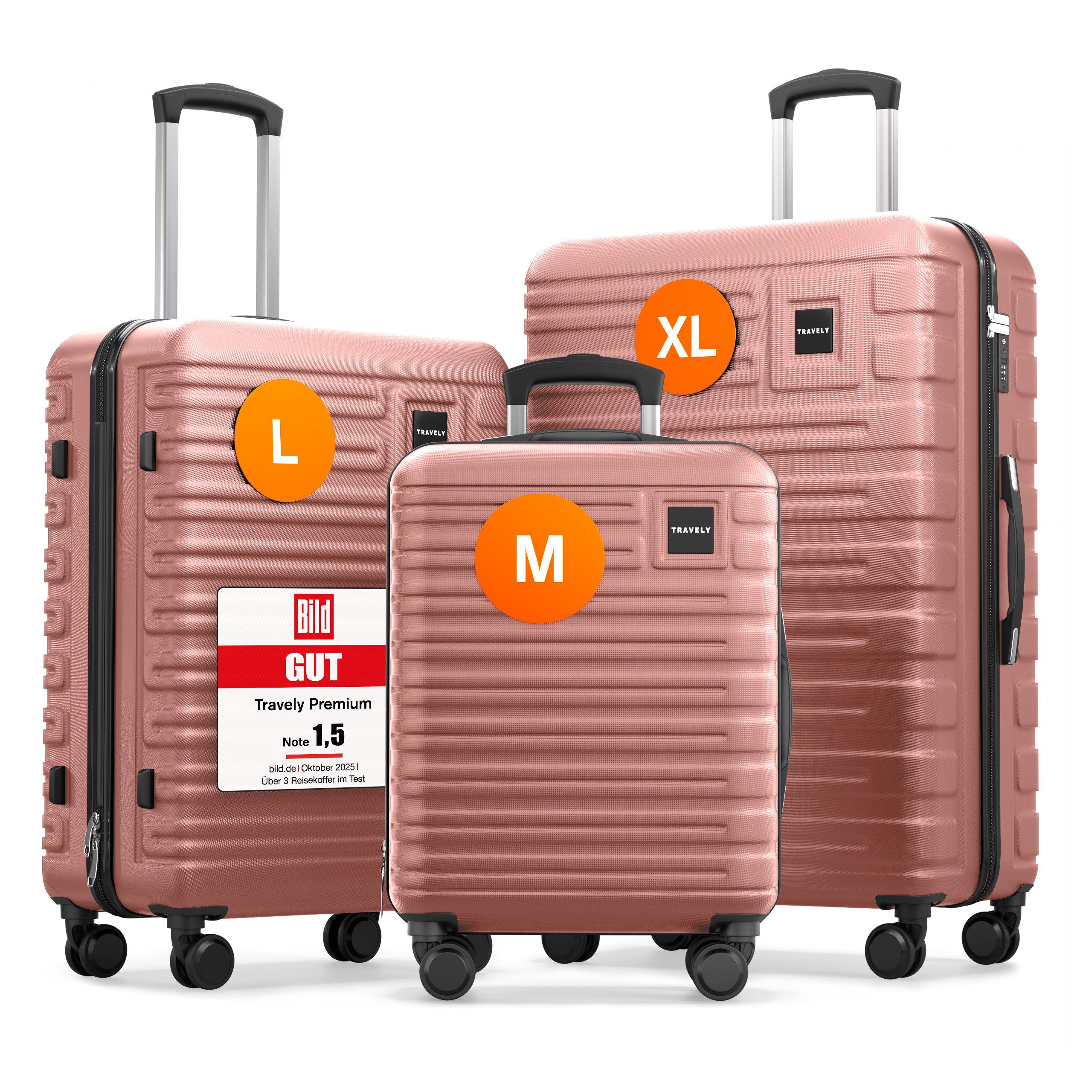 Travely Koffer Polycarbonat Koffer Set - 3 teiliges Kofferset, XL + L + M, 4 Rollen, Designed in Germany, austauschbare Griffe und Rollen