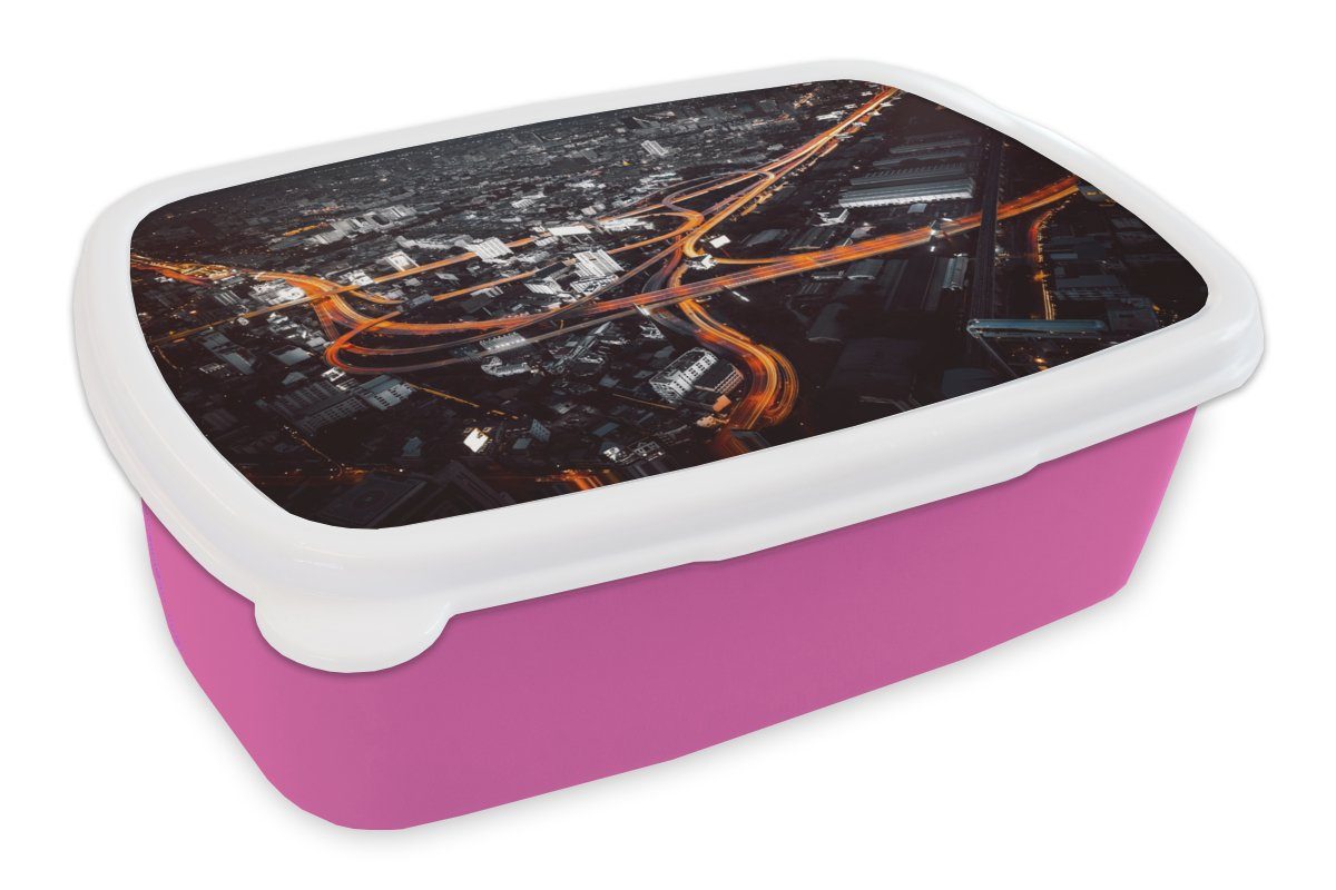 MuchoWow Lunchbox Skyline Kinder, rosa Mädchen, Verkehr - Erwachsene, (2-tlg), - für Snackbox, Nacht, Kunststoff Brotdose Brotbox Kunststoff