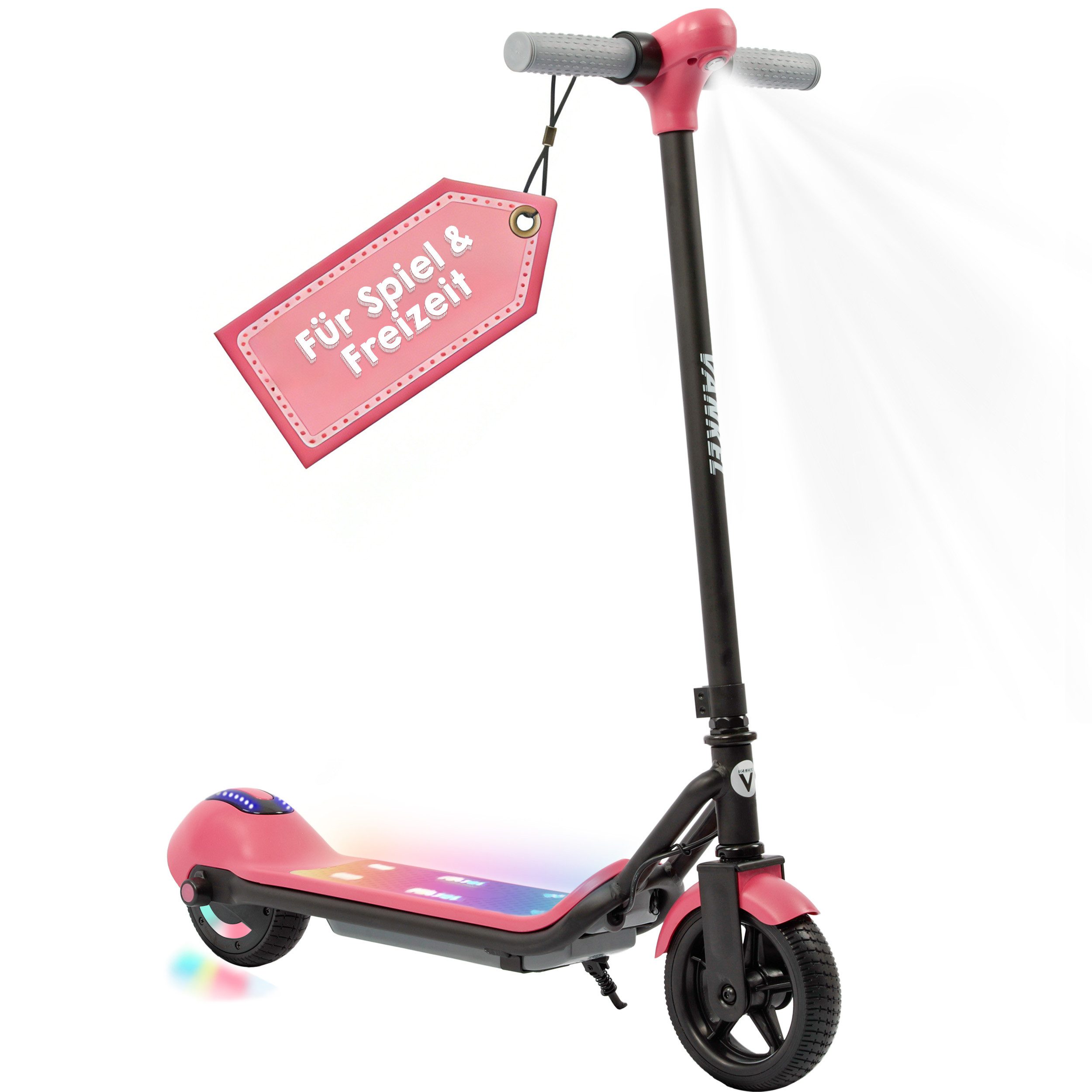 Vankel E-Scooter Kinder, ab 6 Jahren, Elektro Kinderroller, Bunte Leuchten, 110 W, 14 km/h, (LED-Display, Frontlicht, rutschfeste Trittfläche), 6,5 Zoll E-roller, Cityroller, mit Bluetooth-Lautsprecher, E-Bremse