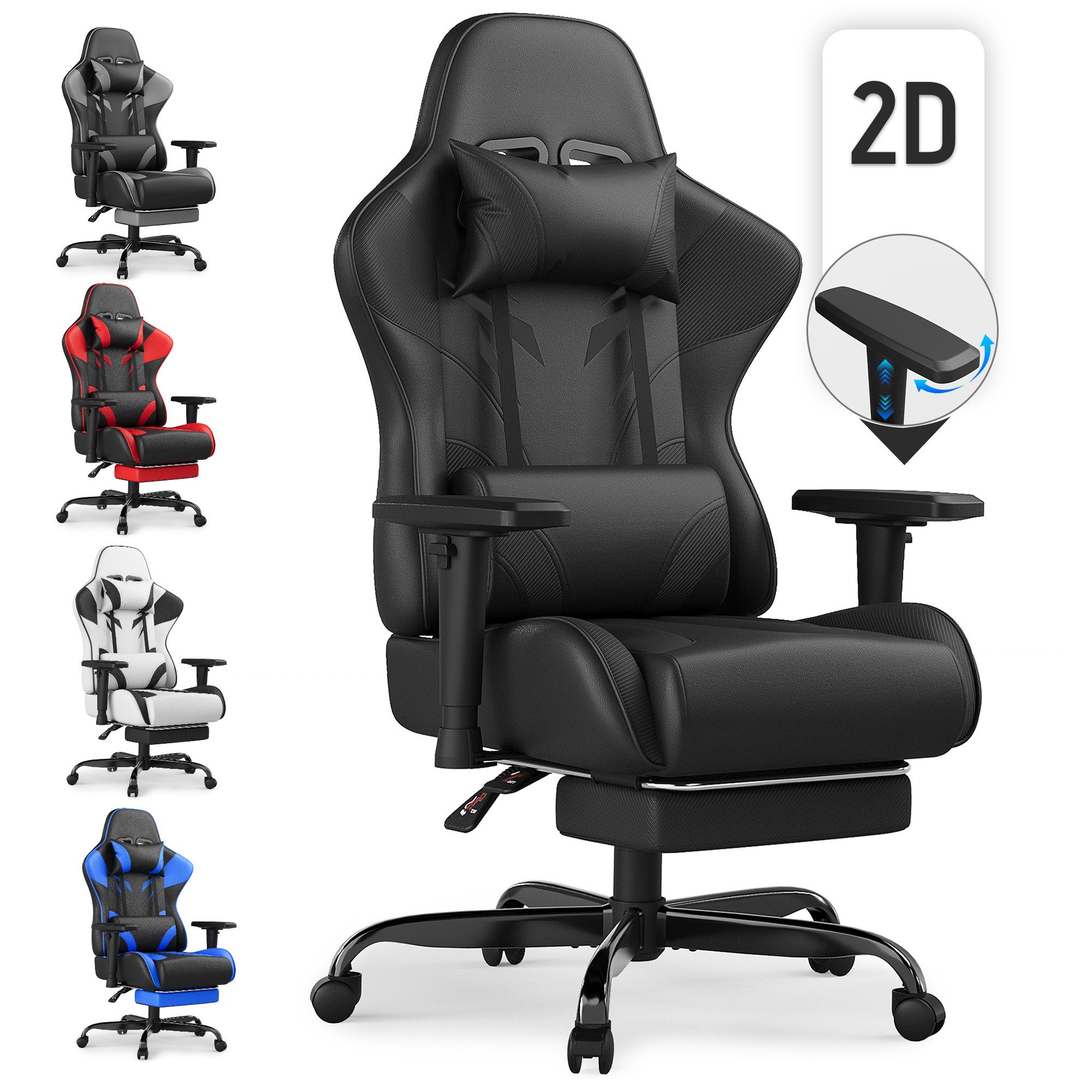 HOMALL Gaming-Stuhl Verstellbare Armlehnen,Kopfstütze,Lendenkissen,Fußstütze,Gaming Stuhl (Verstellbare Armlehnen, großzügig dimensioniertes Sitzkissen, ergonomisch geformte, bequeme Rückenlehne), Ergonomischer Bürostuhl,Kopfstütze und Lendenstütze