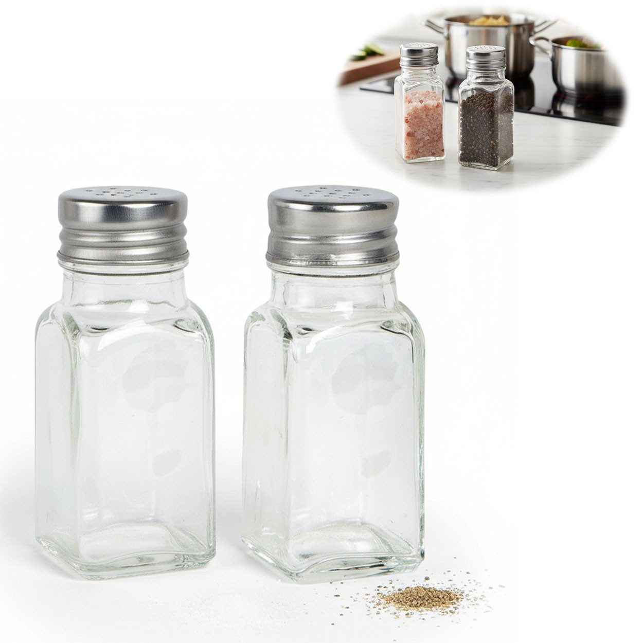 LS-LebenStil Salz- / Pfefferstreuer 2-fach Glas Salzstreuer Pfefferstreuer Set 10cm Silber / Transparent, (Bistro Borosilikatglas Silber Transparent Durchsichtig - Tischset Salt & Pepper - Edelstahldeckel für Salz und Pfeffer Geschenk Einzug Einweihung, 2-tlg)
