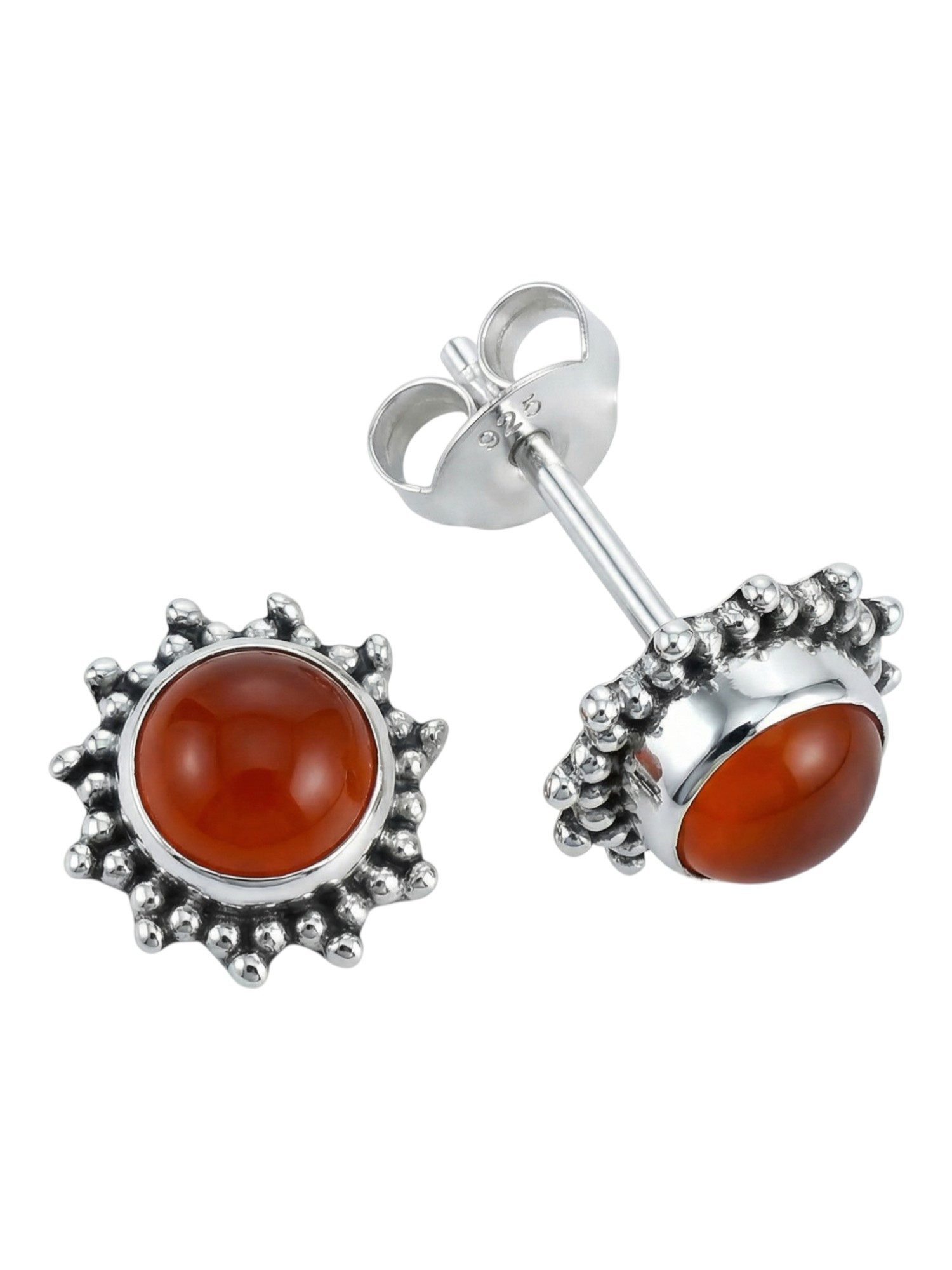 mantraroma Paar Ohrstecker BUWAN rund aus 925 Silber mit Karneol (Paar, Paar Ohrringe mit Schmuckbeutel), 925 Sterling Silber Ohrringe für Damen