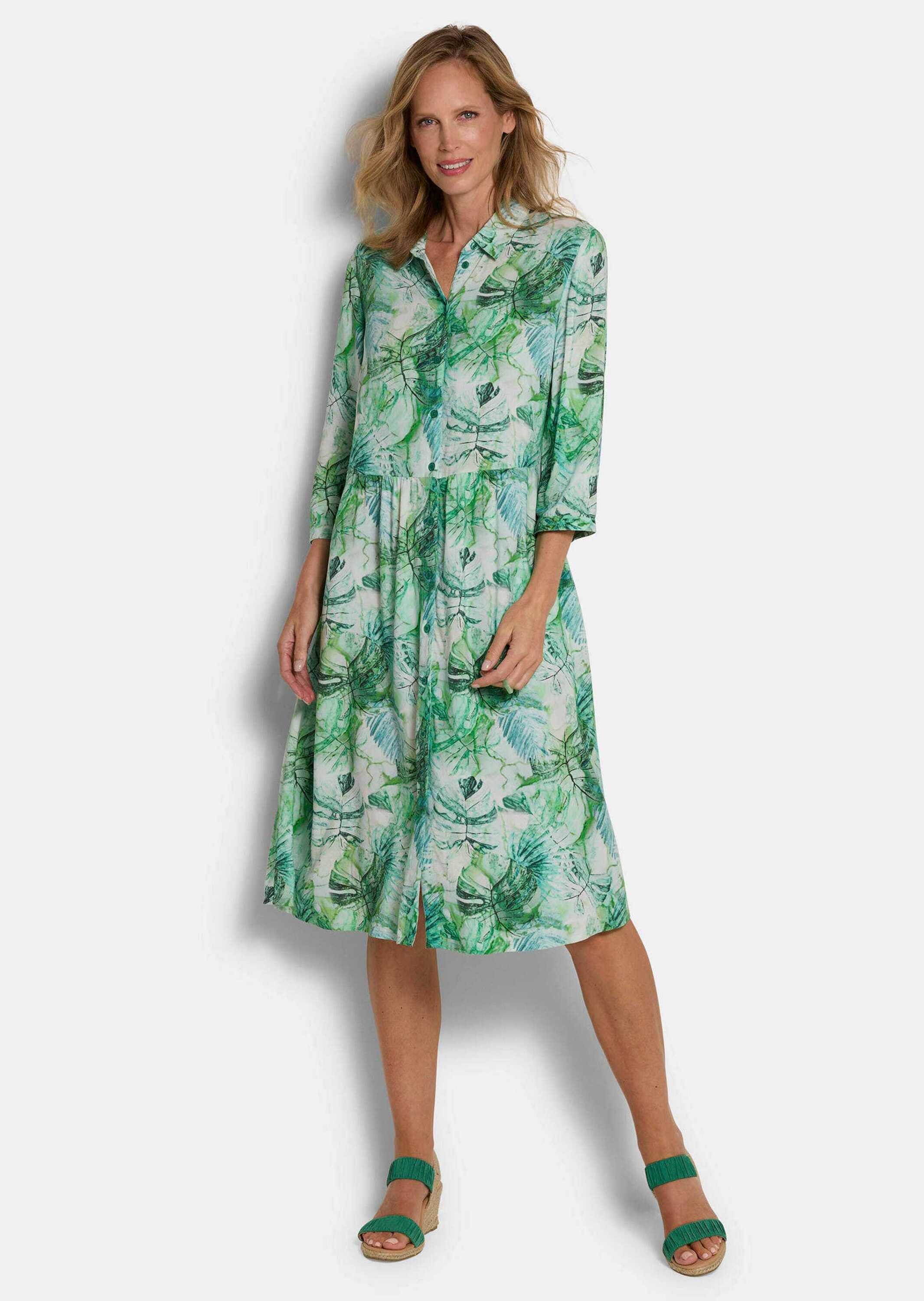 GOLDNER Druckkleid Kurzgröße: Midikleid mit Blätter-Druck Viskosekleid mit günstig online kaufen