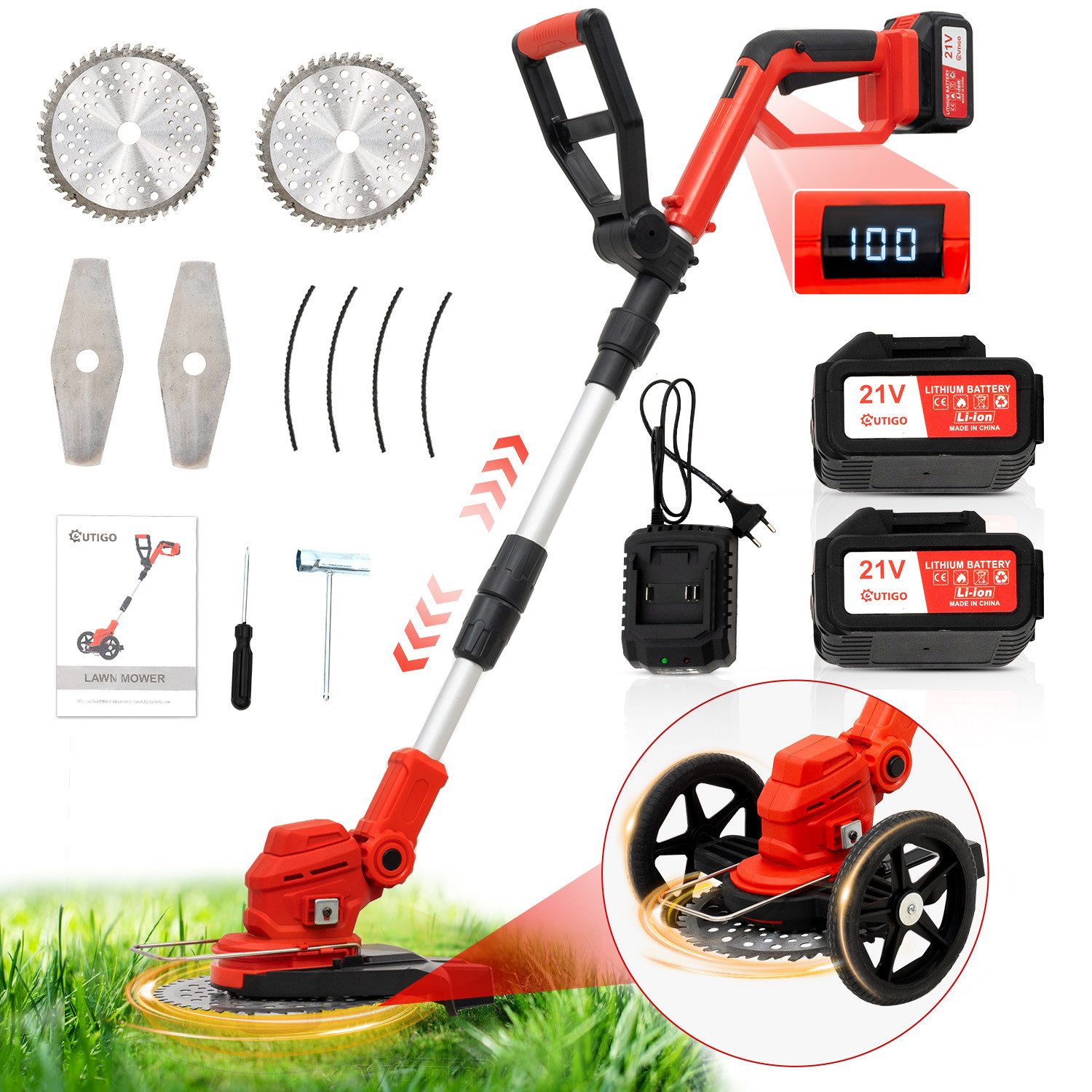 OUTIGO Akkurasenmäher Wiederaufladbarer Akku-Rasentrimmer mit 2* 4000mAh, R günstig online kaufen