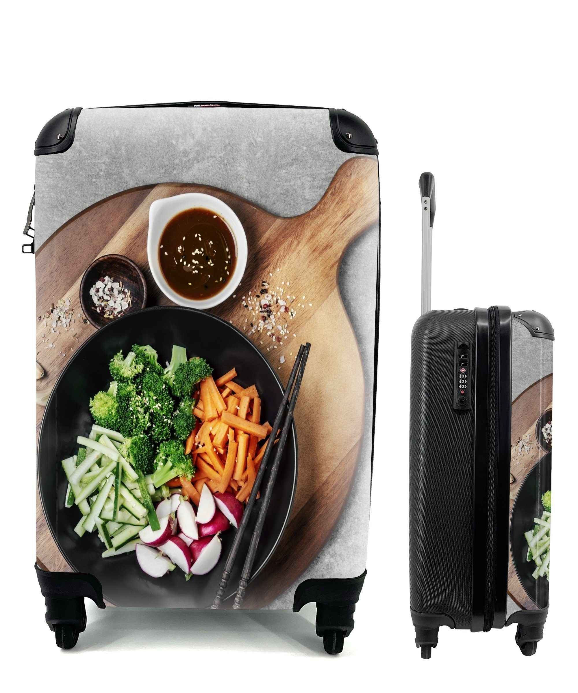 MuchoWow Handgepäckkoffer Eine Schüssel mit Gemüse, Kräutern und pikanter Soße auf einem, 4 Rollen, Reisetasche mit rollen, Handgepäck für Ferien, Trolley, Reisekoffer