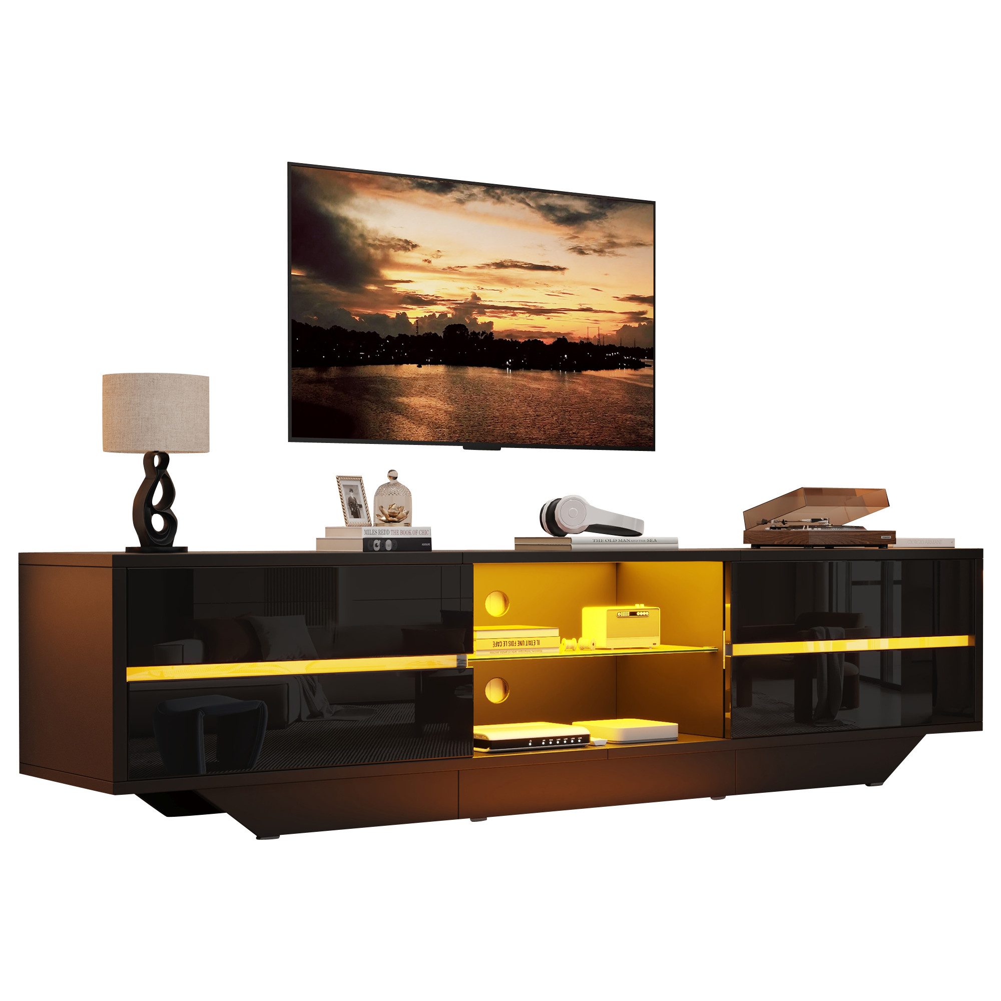 Merax Lowboard mit LED Beleuchtung & RGB App-Steuerung (Fernsehtisch 160 x 35 x 44,5 cm, 1 St), Hochglanz TV-Schrank mit 2 Klapptüren, Ablagefach & Stauraum