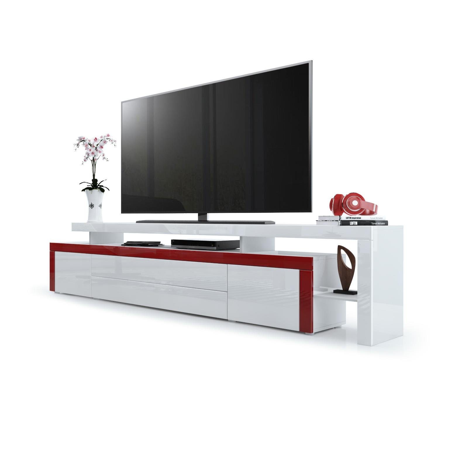 Vladon Lowboard Leon (TV-Kommode, mit zwei Türen, zwei Schubkästen und einem modernen Überbau), Weiß Hochglanz/Bordeaux Hochglanz (227 x 52 x 35 cm)