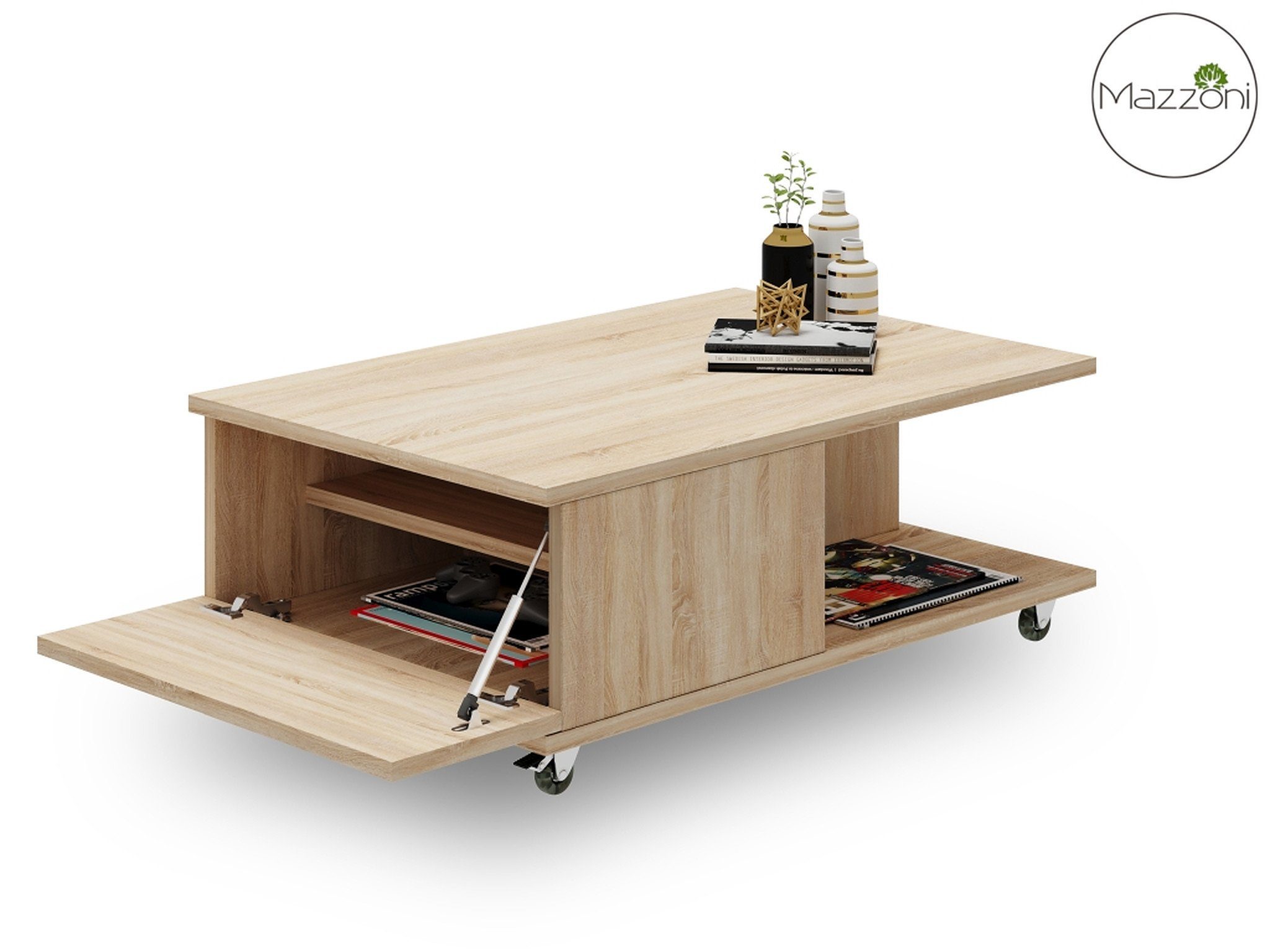 90x60x38cm Vienna Couchtisch Wohnzimmertisch Rollen mit Eiche Tisch Design Mazzoni Sonoma
