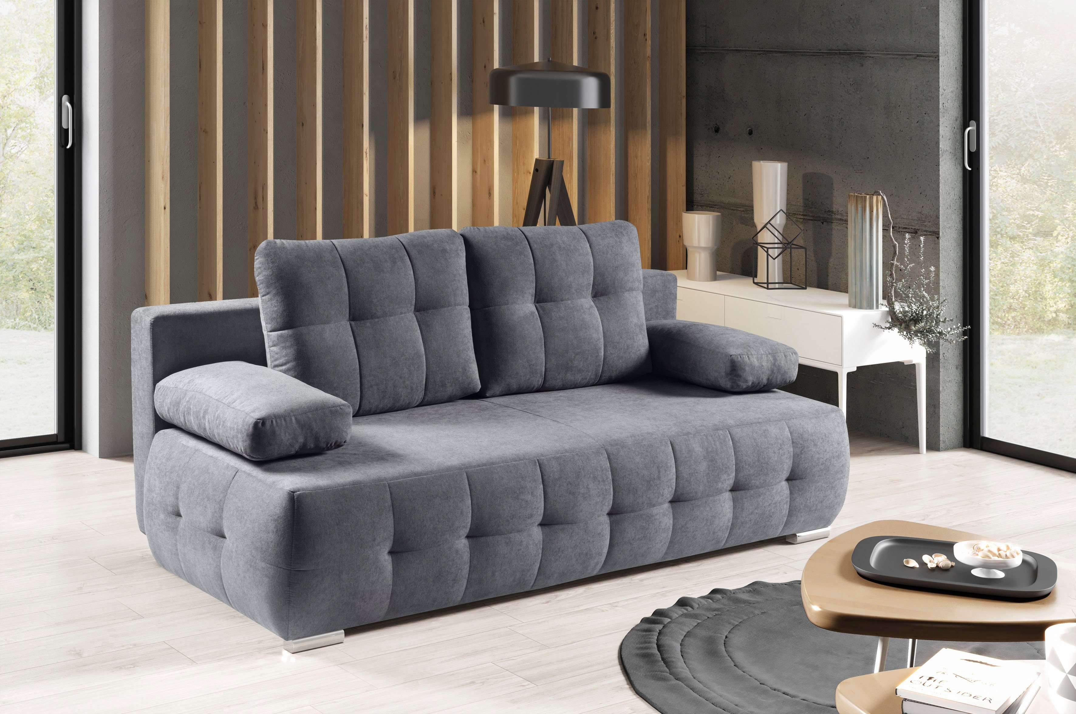 WERK2 Schlafsofa Indigo, 2-Sitzer Sofa und Schlafcouch mit Federkern & Bettkasten grau | grau | grau