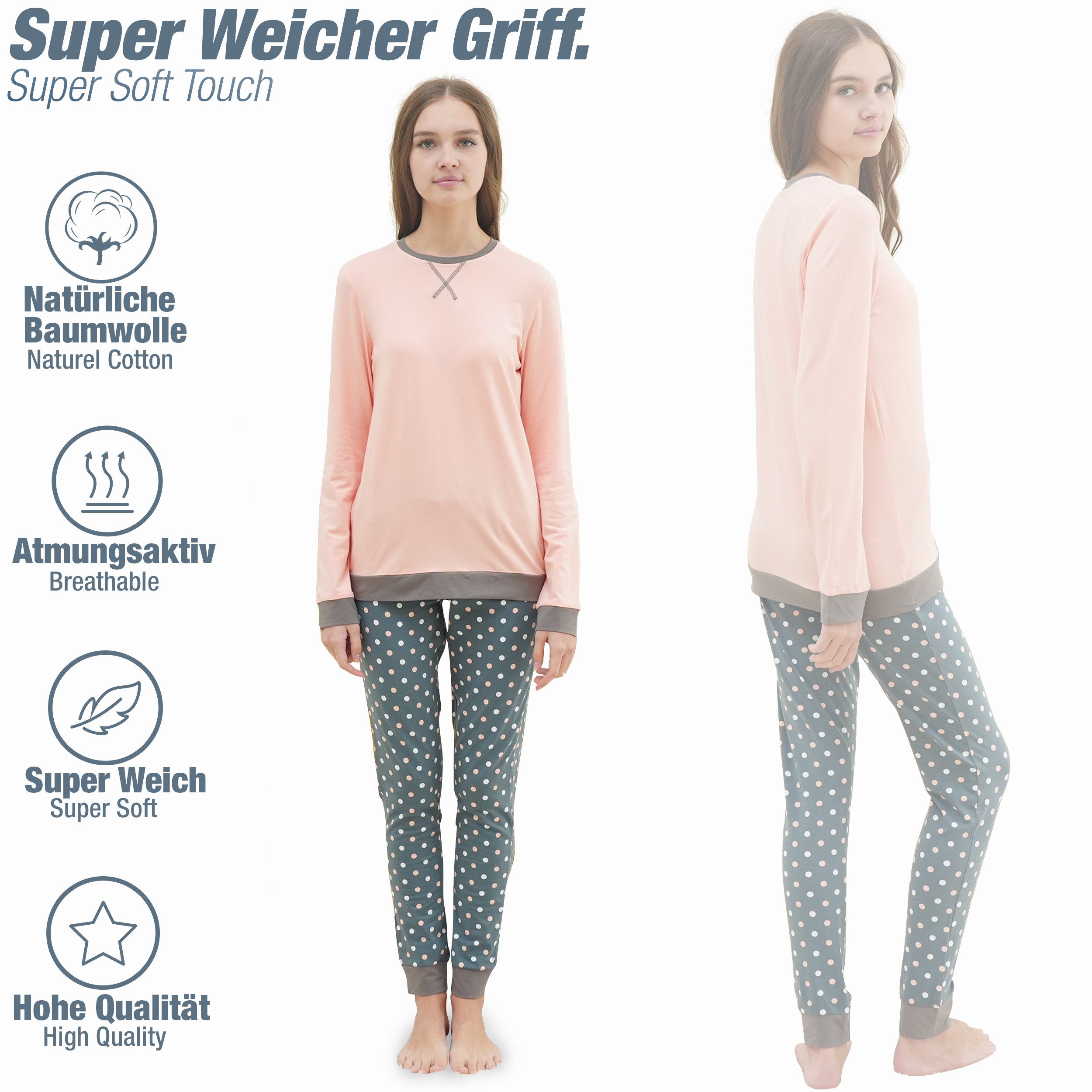 LOREZA Pyjama Mädchen Schlafanzug zweiteilig Set Langarm - Basic Punkte (Set, 2 tlg)
