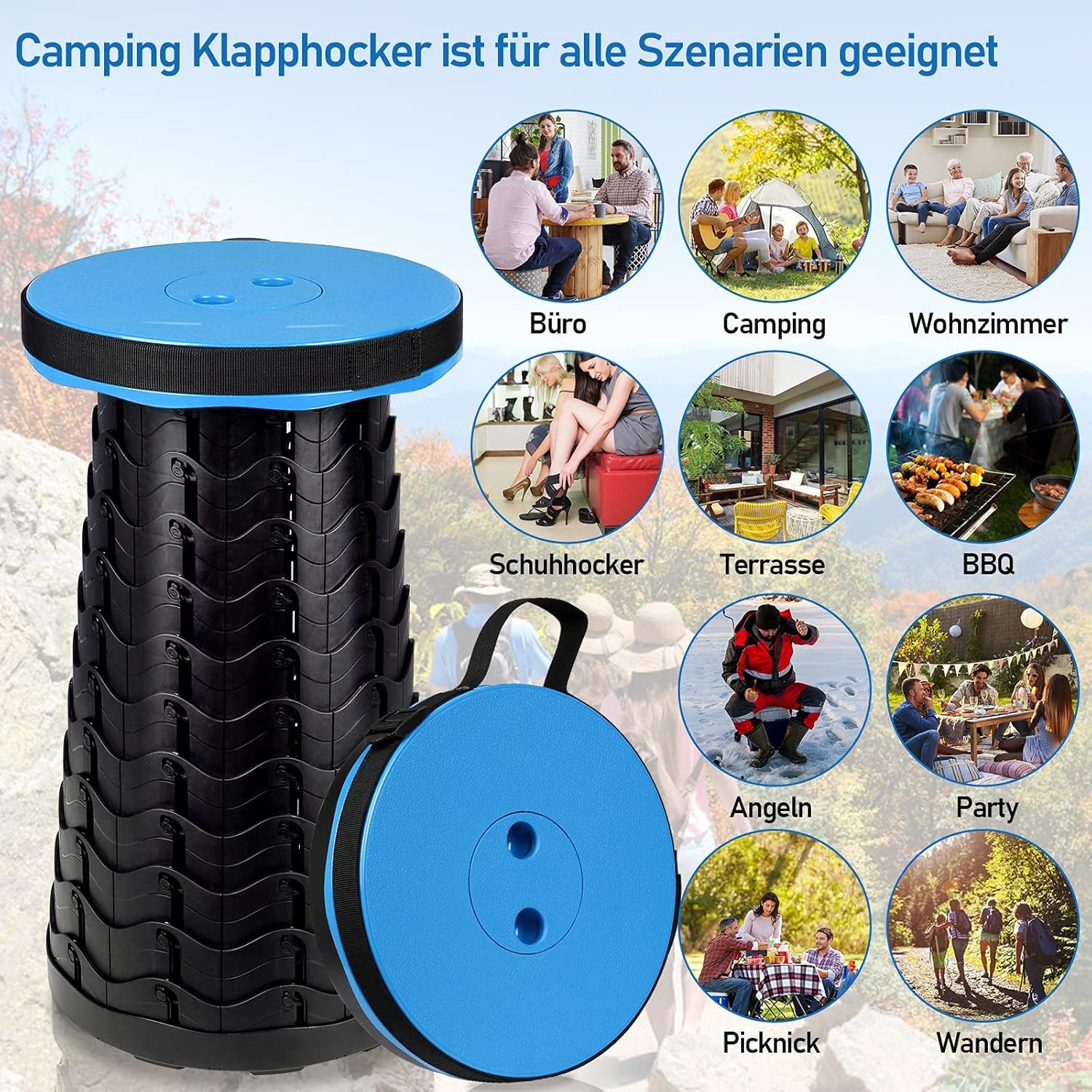 AKKEE Klappstuhl Tragbarer Klappstuhl Klapphocker Hocker Tragkraft 180 kg, höhenverstellbar und stabil – Bild 2 von 2
