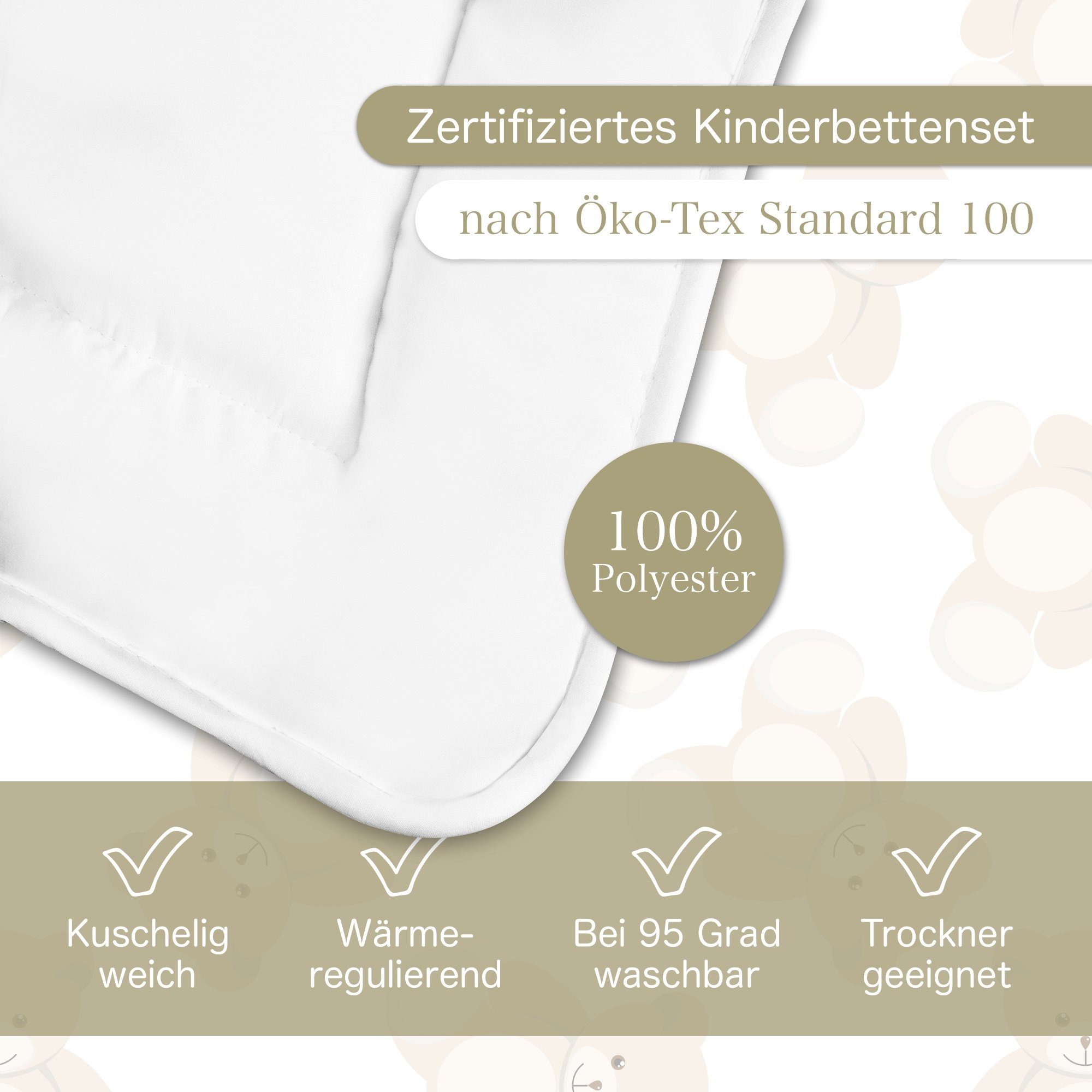 KiGATEX Babybettdecke Bettset mit Bärchenmotiv – Decke 80x80 cm + Kissen 35x40 cm –, Füllung: Polyester, Microfaser, bei 95°C waschbar, weich und haut- und allergikerfreundlich