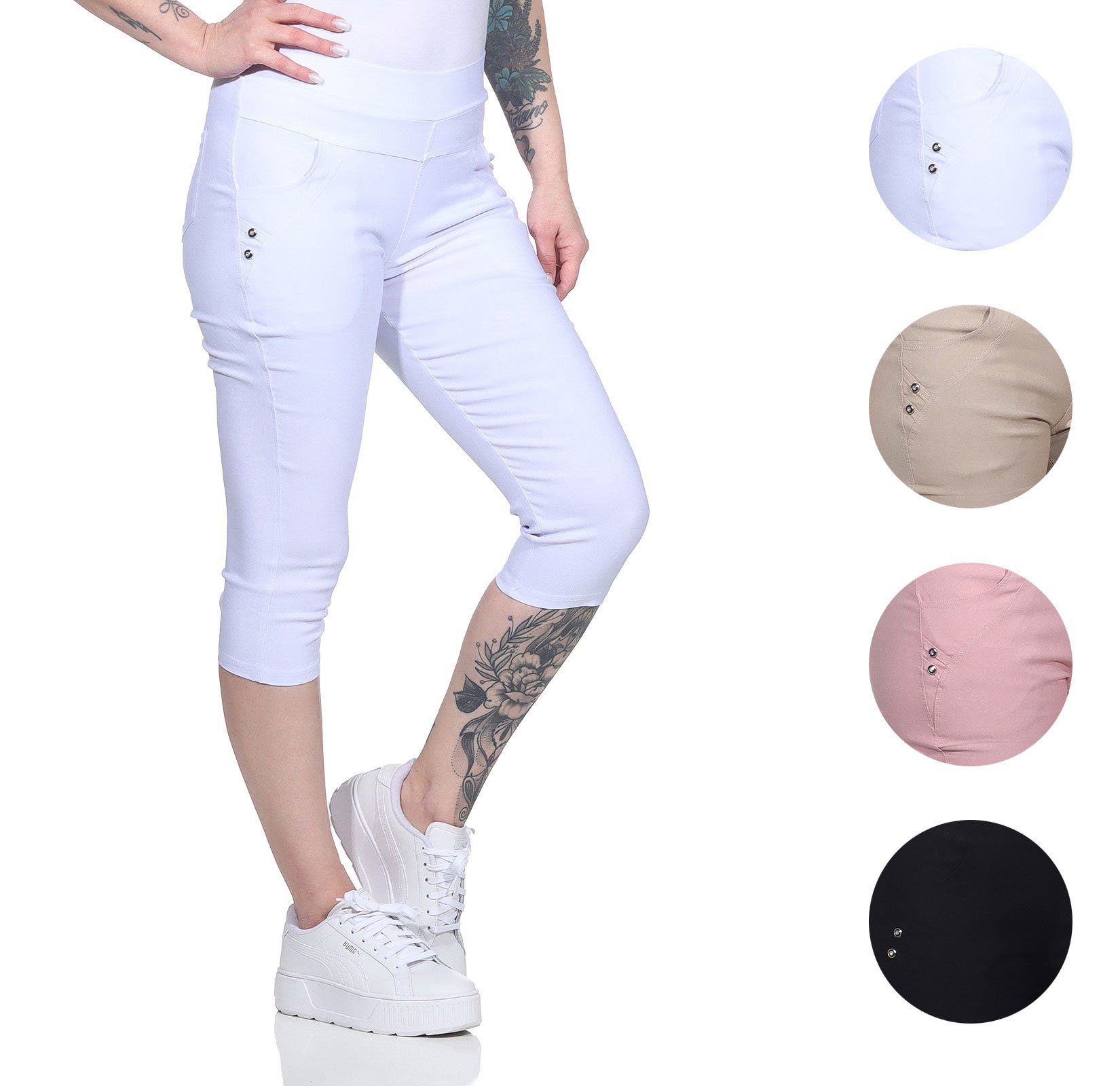 Capri mit elastischem Aurela Caprijeans großen Damenmode Größen leiche Weiß erhältlich Hose Damen Sommer in Bund, Caprihose