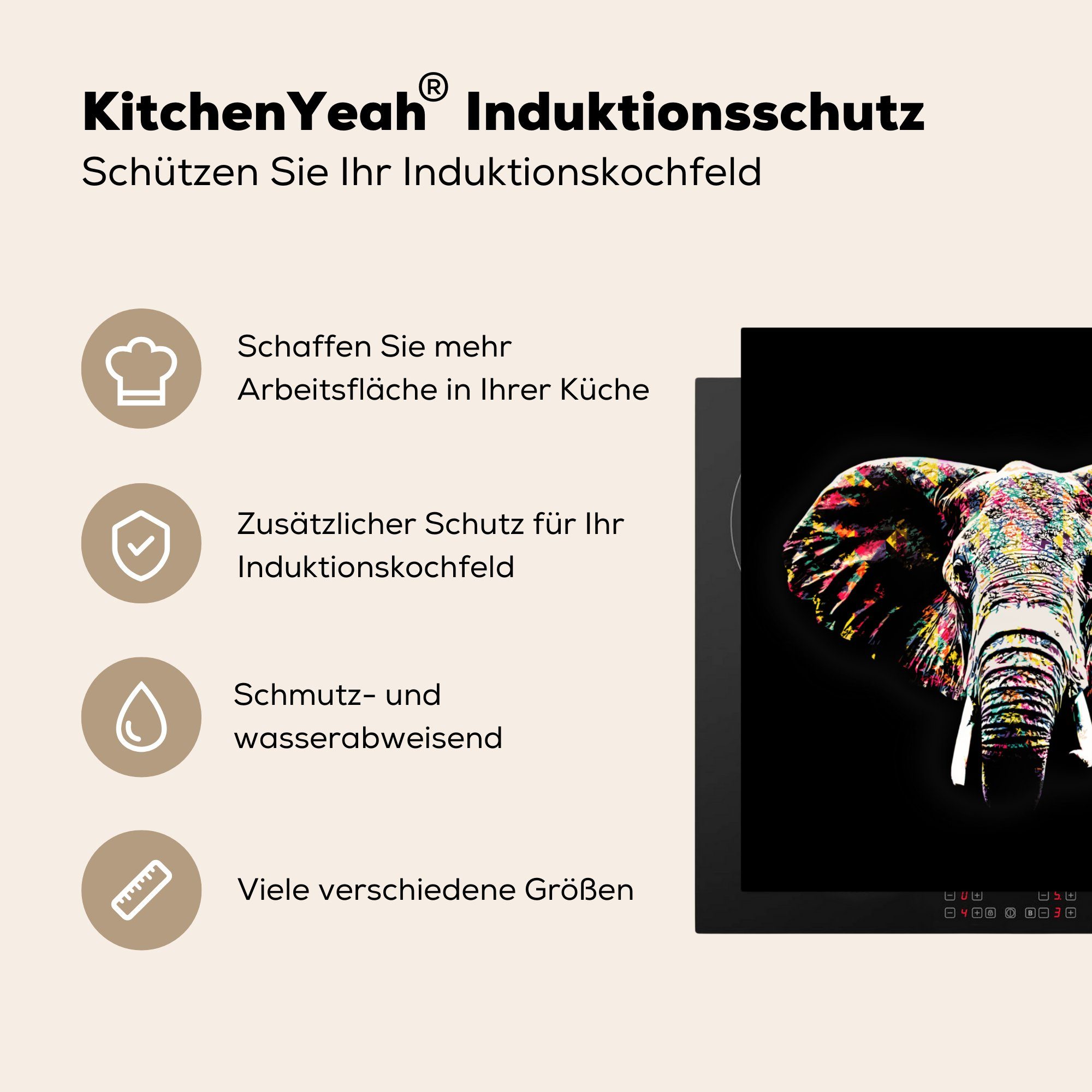 MuchoWow Herdblende-/Abdeckplatte Elefant - cm, Ceranfeldabdeckung, 78x78 - küche Vinyl, Farben, für Arbeitsplatte tlg), Tiere (1