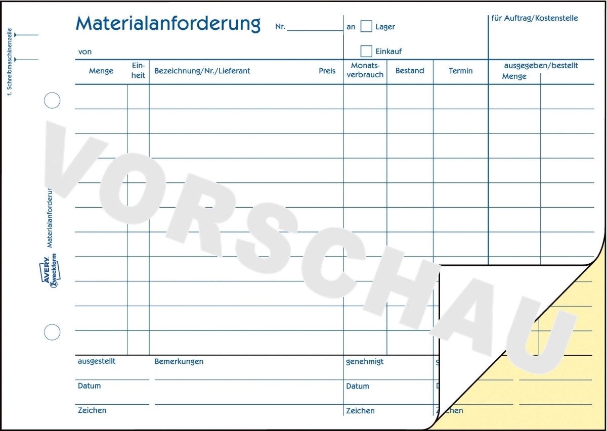 Formularblock Formularbuch Materialanforderungen A5 quer VE=2x50 Blatt
