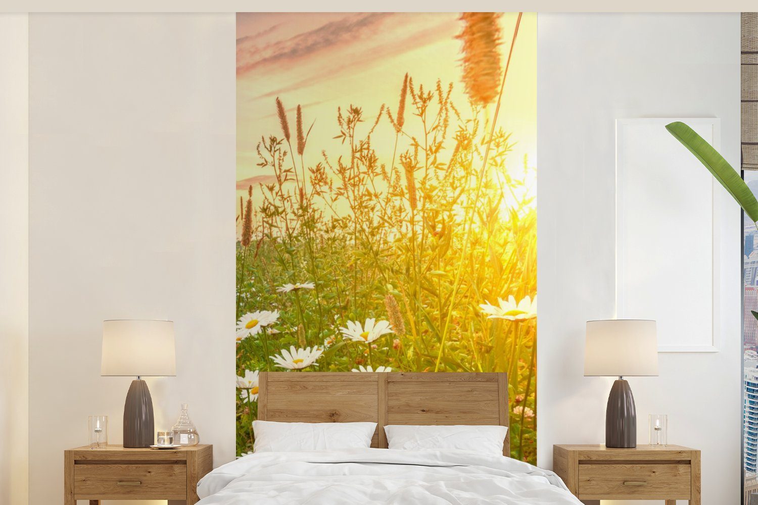 MuchoWow Fototapete Blumen - Gänseblümchen - Natur - Sonne - Horizont, Matt, bedruckt, (2 St), Vliestapete für Wohnzimmer Schlafzimmer Küche, Fototapete