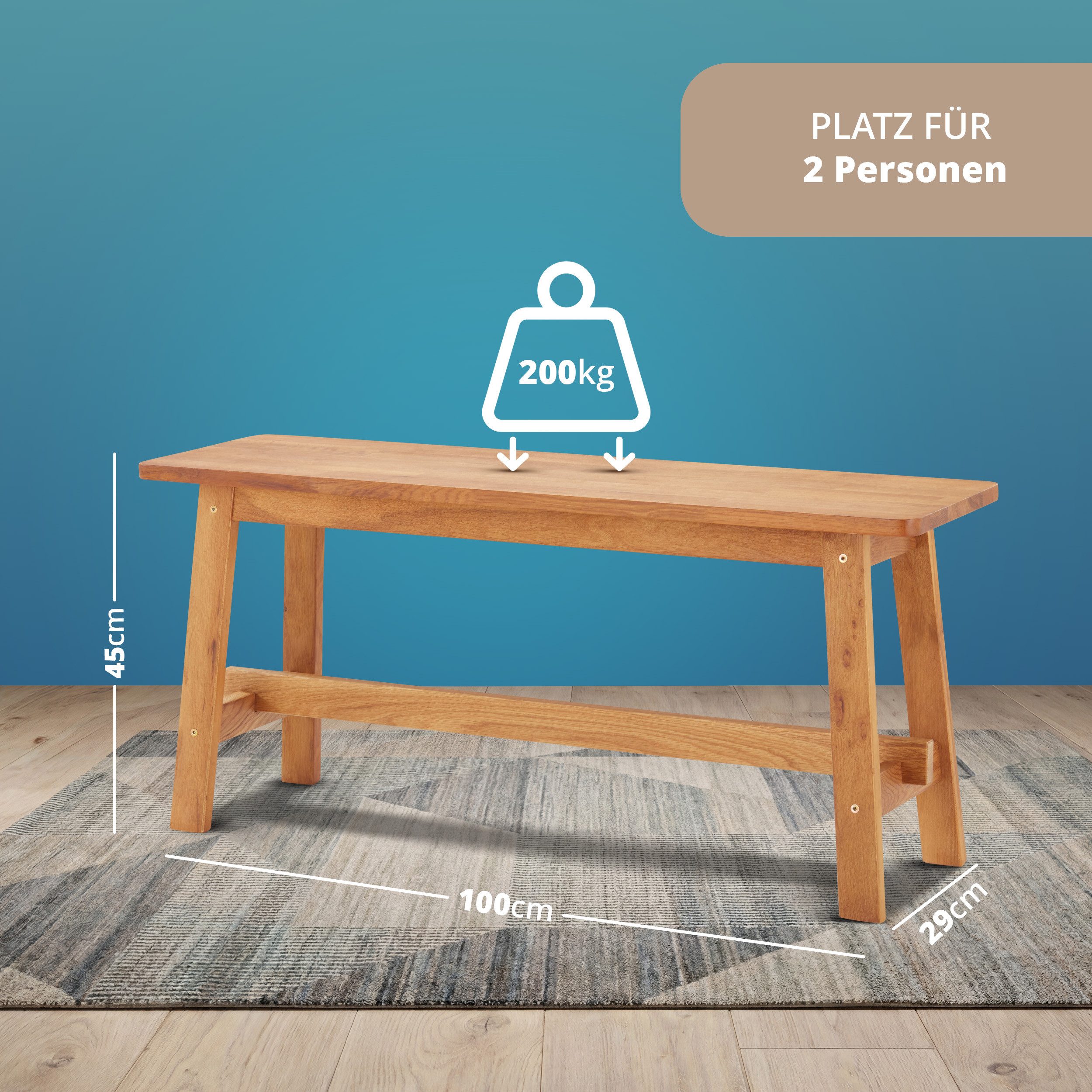 KHG Sitzbank Dekobank für 1-2 Personen, Skandi Look, bis 200 kg belastbar, geölt, atmungsaktiv, Massivholzgestell