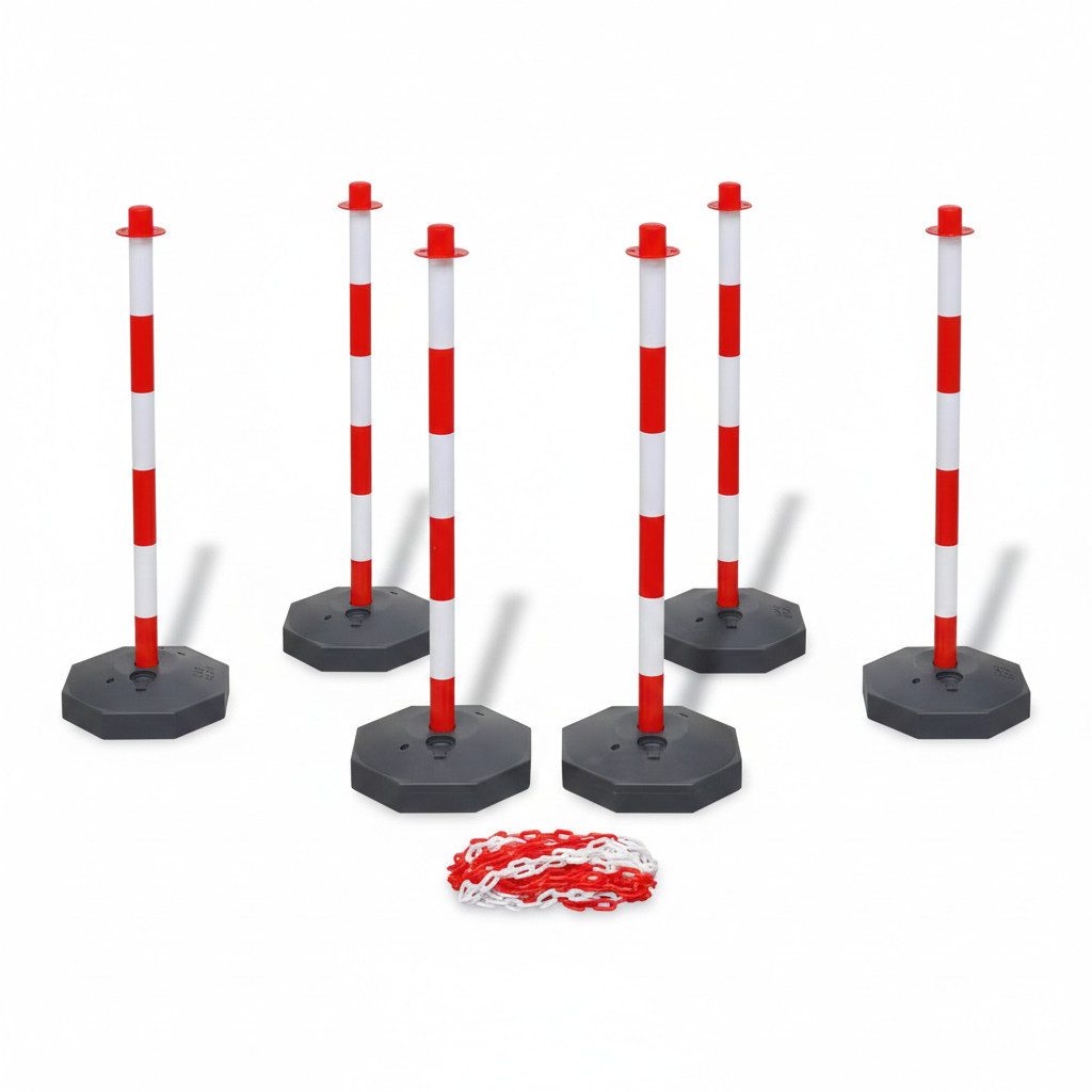 BruKa Absperrpfosten 6 Stück Flexible Pfosten mit 10 Meter Kette Kunststoff Poller (6-tlg), Absperrkette Absperrung