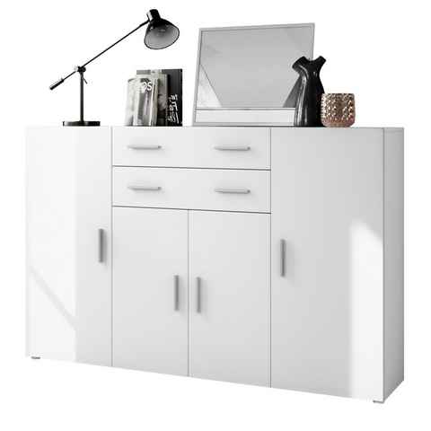 Vladon Highboard Aron (Anrichte, mit 4 Türen und 2 Schubladen), Weiß matt (166,5 x 106,5 x 35 cm)