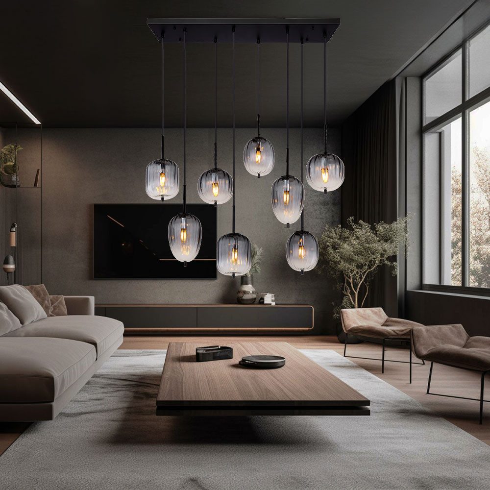 GLOBO LIGHTING Pendelleuchte, Leuchtmittel nicht inklusive, Hängeleuchte Decken Pendelleuchte Metall Rauchglas Kugel 8 flammig