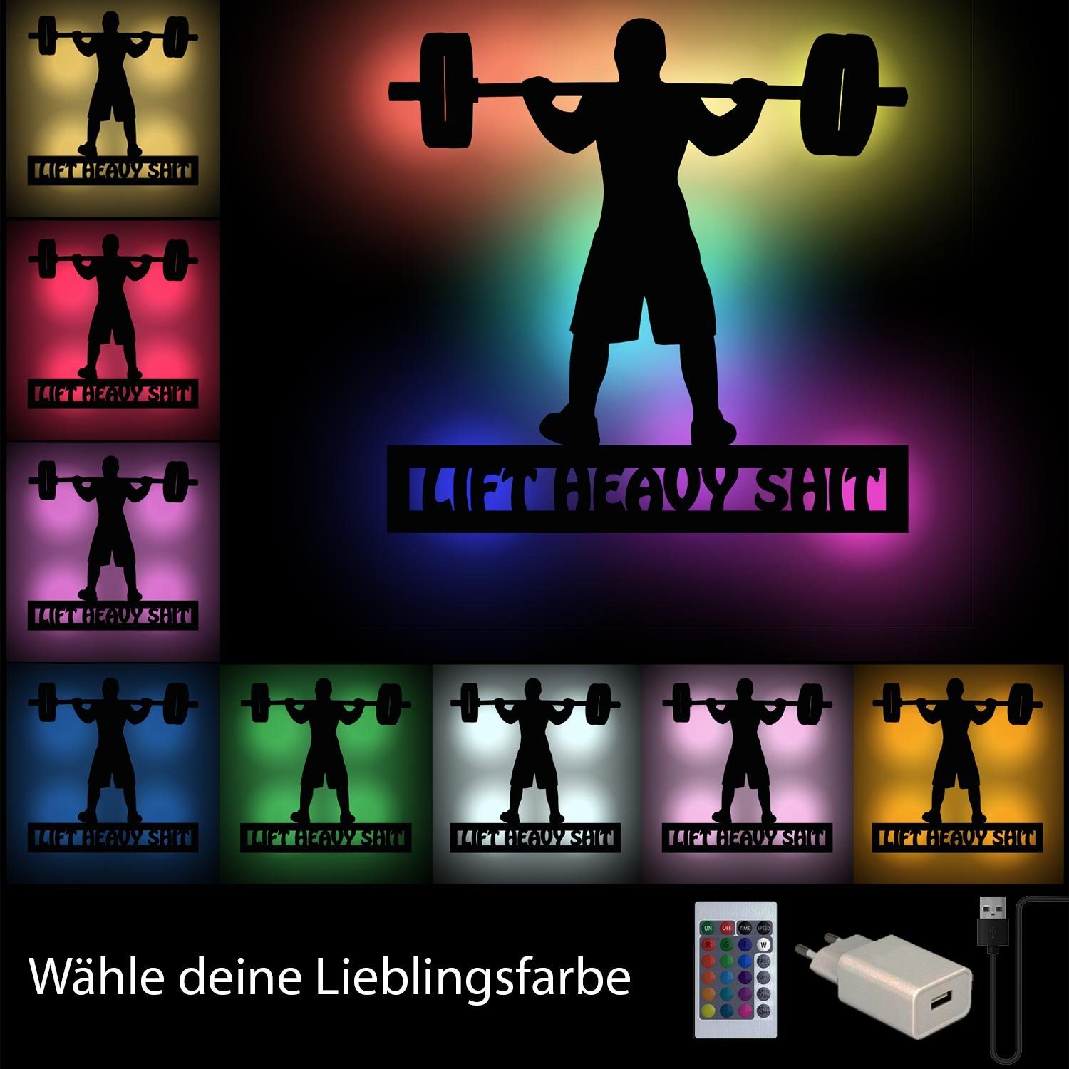 RGB Grau Gewichtheber Namofactur Wandleuchte Farbwechsler Wanddeko LED Wand fest integriert, Dekoration aus Bodybuilding LED Holz,