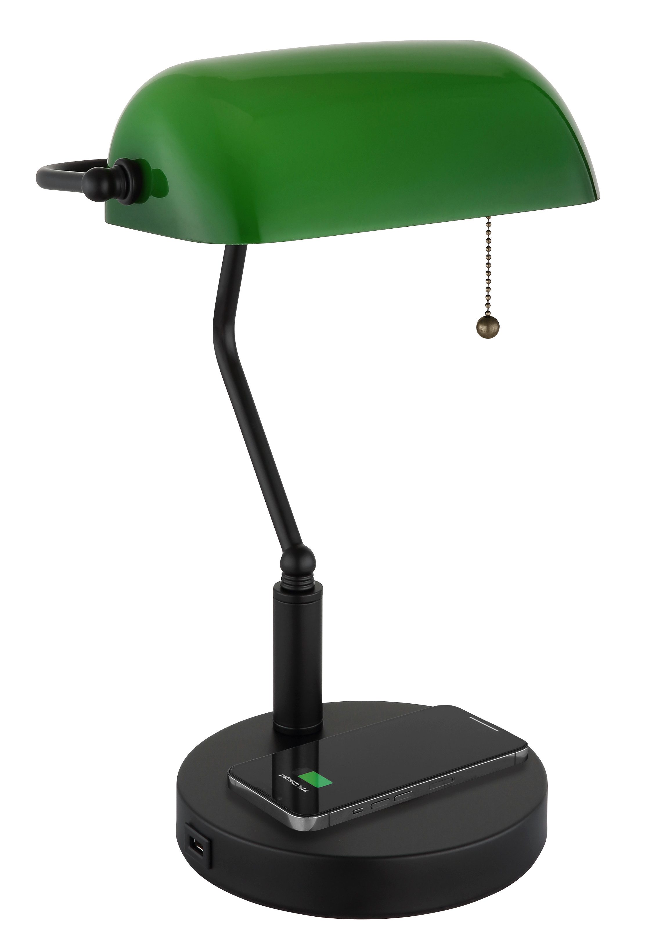 OTTO home Tischleuchte Eevva, USB-Anschluss mit Ladefunktion, ohne Leuchtmittel, Wireless Ladefunktion, Bankerlampe, Zugschalter-Kette
