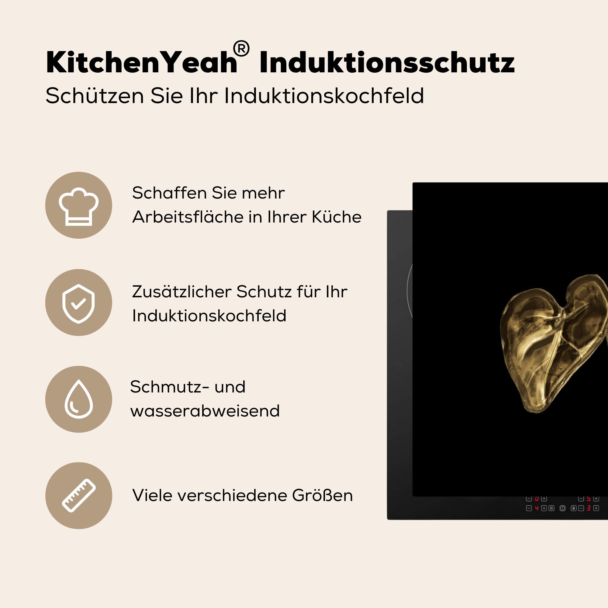 küche Gold, tlg), cm, Herdblende-/Abdeckplatte (1 Blatt 78x78 Ceranfeldabdeckung, Vinyl, Herz - MuchoWow - für Arbeitsplatte