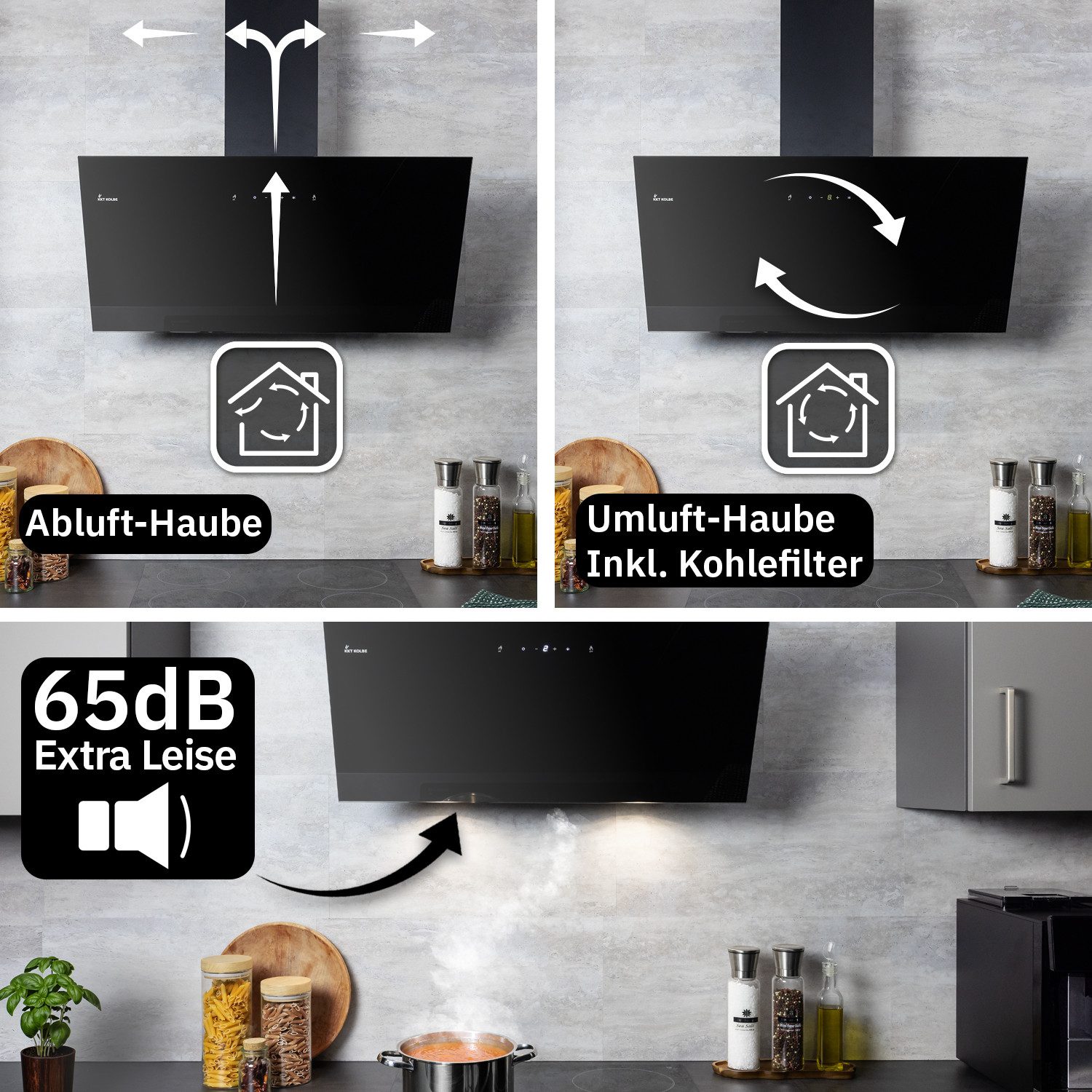 KKT KOLBE Wandhaube Dunstabzugshaube 80cm TRIO8025S Dunstabzugshaube 80cm TRIO8025S, Abzugshaube / Abluft / 80cm / Umluft / Schwarz / Gestensteuerung / LED