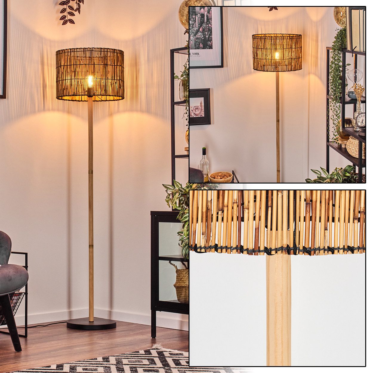 Stehlampe Stehlampe aus Holz/Metall und Schirm aus Bambus