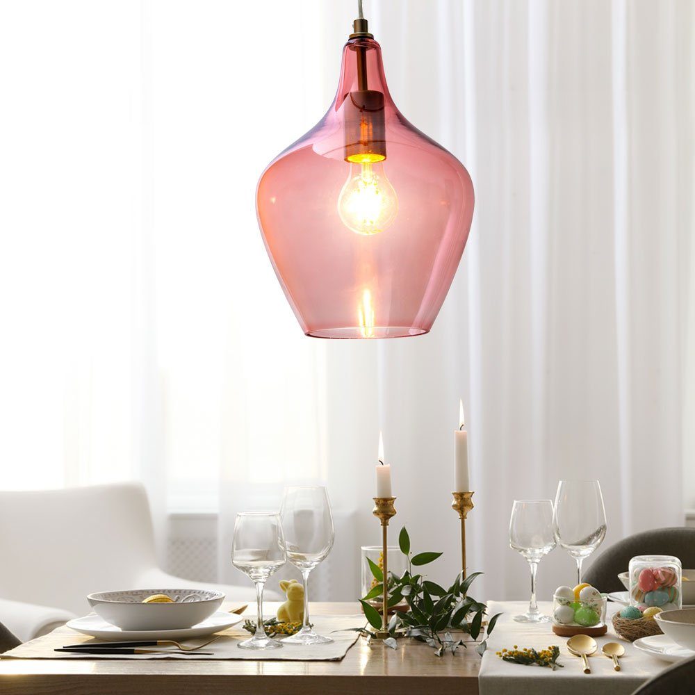 etc-shop LED Pendelleuchte, Leuchtmittel inklusive, Warmweiß, Glas  Pendelleuchte pink Wohnzimmer Lampe hängend Retro Hängelampe
