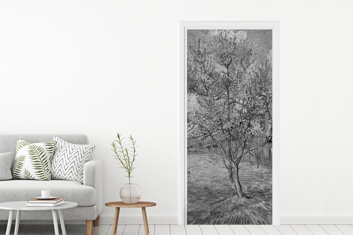 Türtapete - weiß, Pfirsichbaum - (1 Fototapete Tür, MuchoWow van und 75x205 cm Gogh Schwarz St), für Vincent bedruckt, Blühender Matt, Türaufkleber,