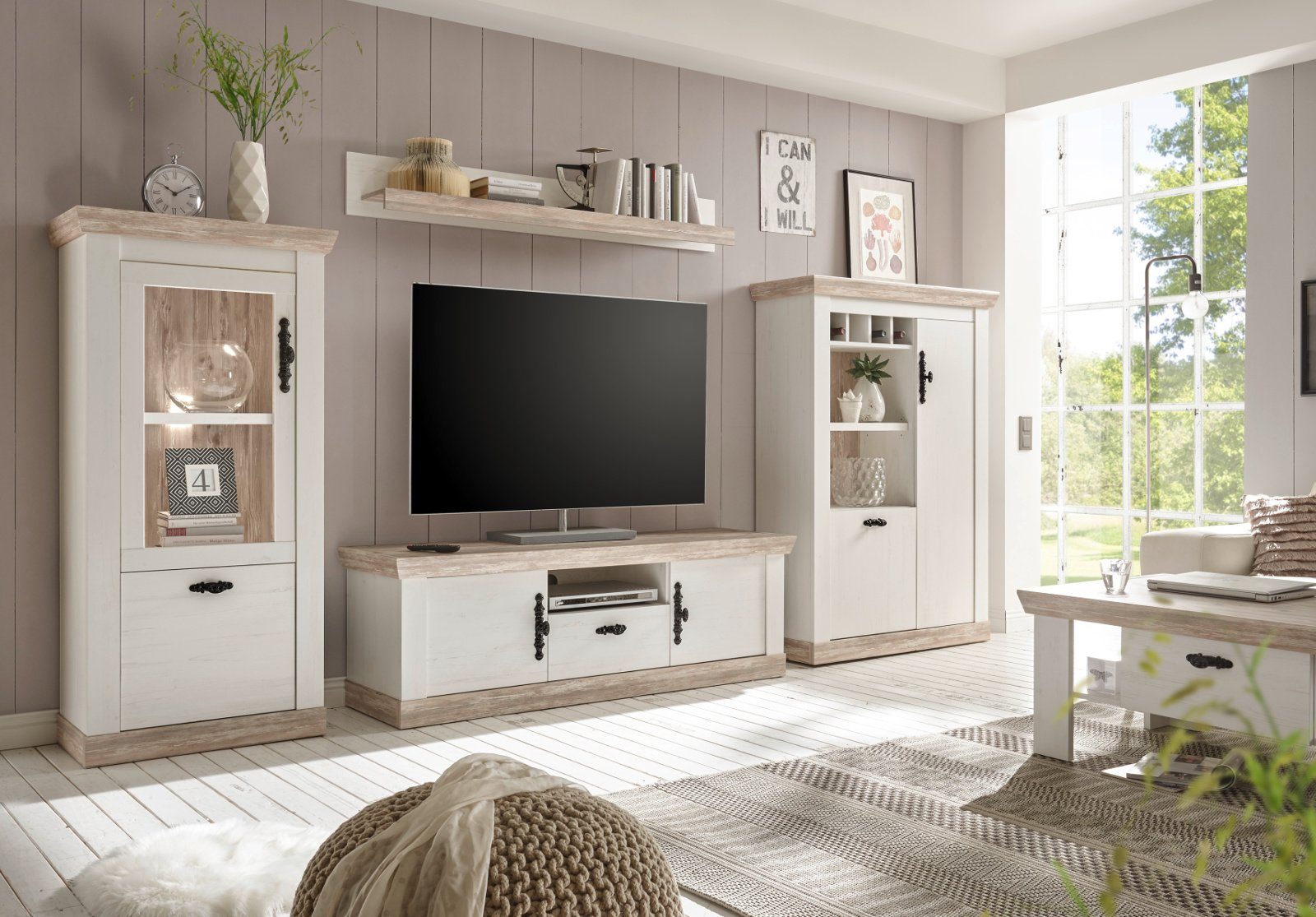 Furn.Design Wohnwand Rovola, (in Pinie weiß mit Oslo Pinie, Set 4-teilig 350 x 170 cm), mit verzierten Metallgriffen