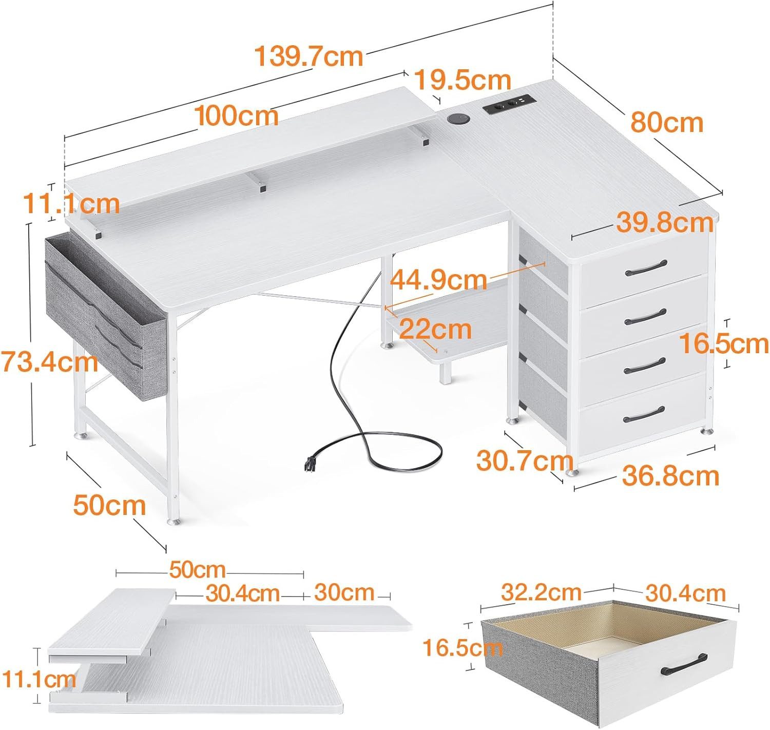 ODK Eckschreibtisch ODK Eckschreibtisch, Schreibtisch L Form mit 4 Schubladen, 140x80x84.7cm Tisch mit 2USB Ladeanschluss&2 Steckdose