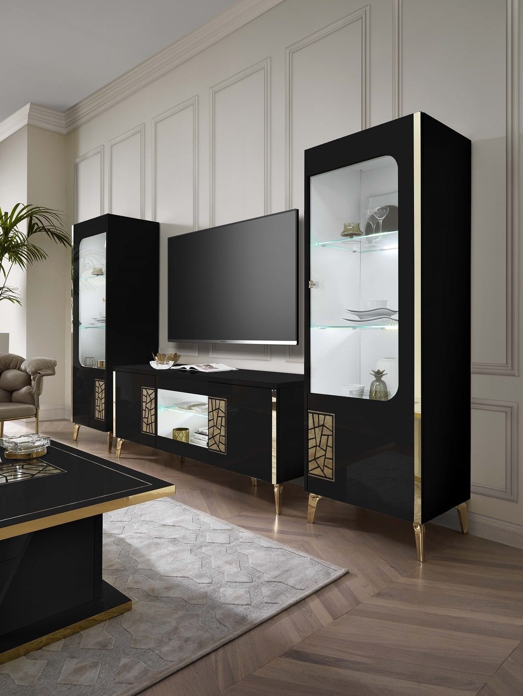 Interdesign24 Wohnwand Stella, (3-Teilig, in Schwarz/Gold Hochglanz), Made in Italy