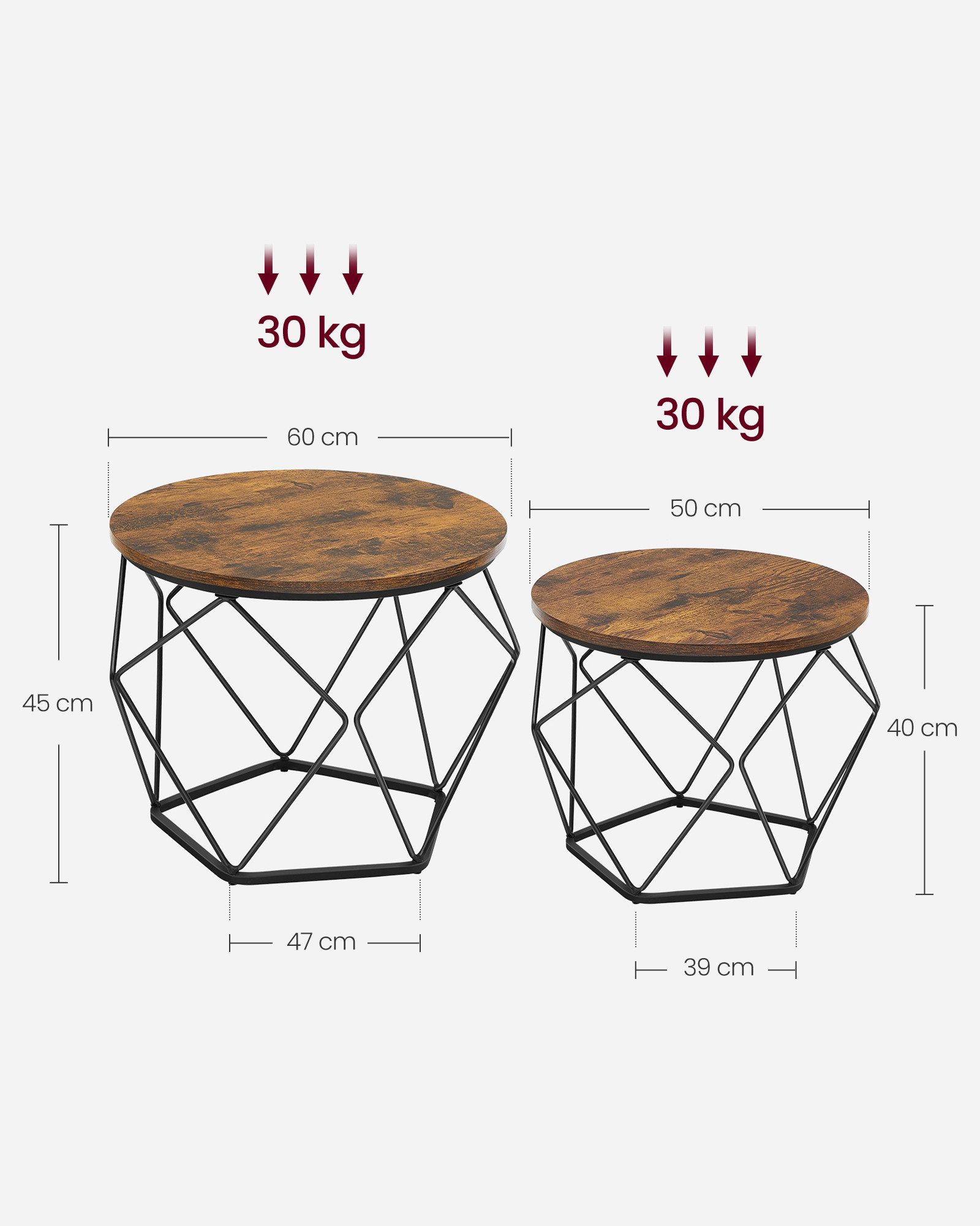 VASAGLE Couchtisch rund, Wohnzimmertisch, modern, Satztisch, Metall (2er Set, inkl. Zubehörpaket & Anleitung, Holz), Beistelltisch, abnehmbare Tischplatte, Ø60x45cm+Ø50x40cm