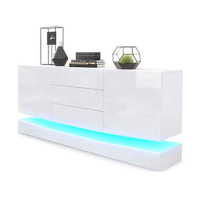 Vladon Sideboard »City«, Kommode mit 2 Türen und 3 Schubladen inkl. LED-Beleuchtung, Weiß matt/Weiß Hochglanz (178 x 72 x 38 cm)
