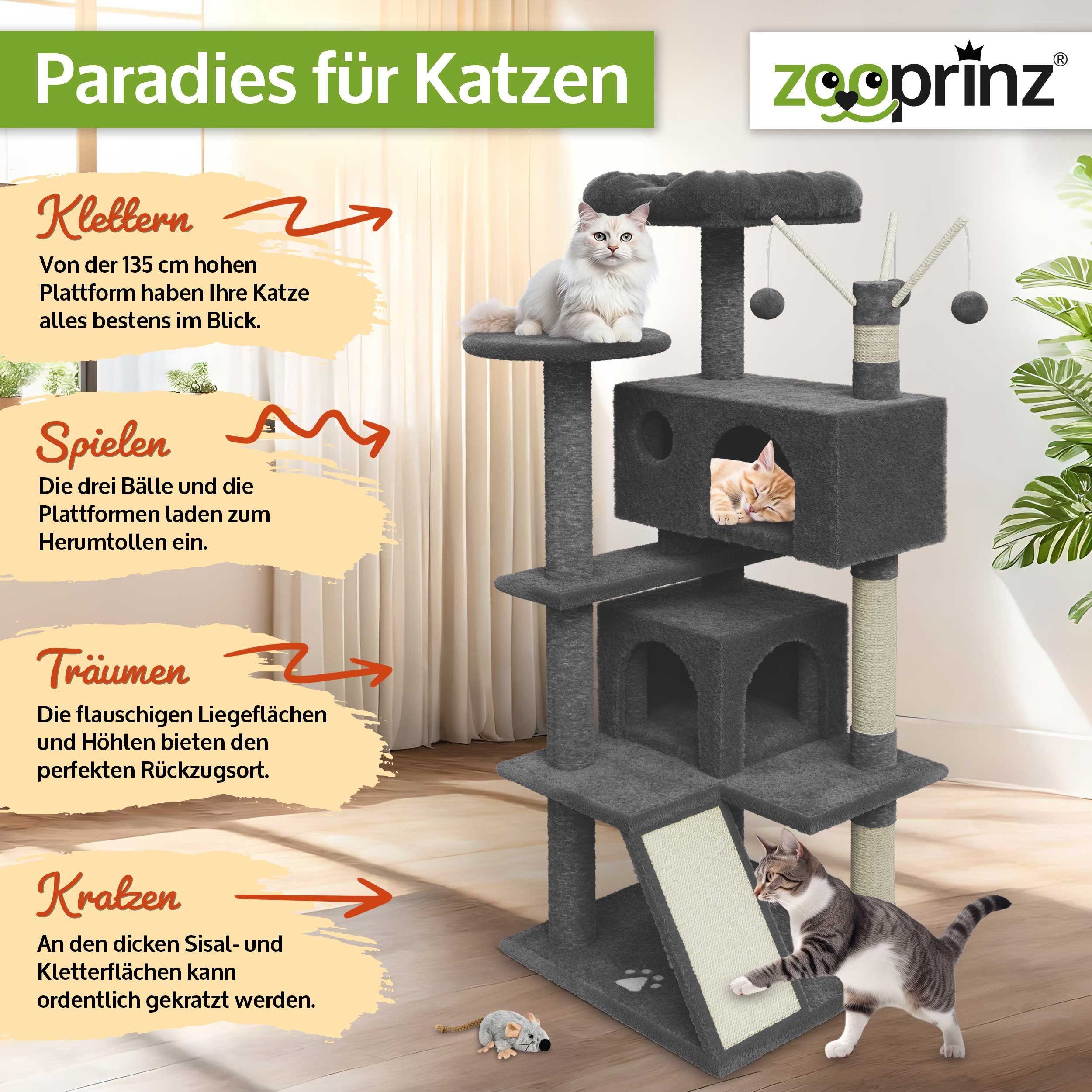 Zooprinz Kratzbaum Kitty XXL inklusive Plüschmaus, 3 Spielbälle, Strapazierfähig, 2 Höhlen, Sisalstämme