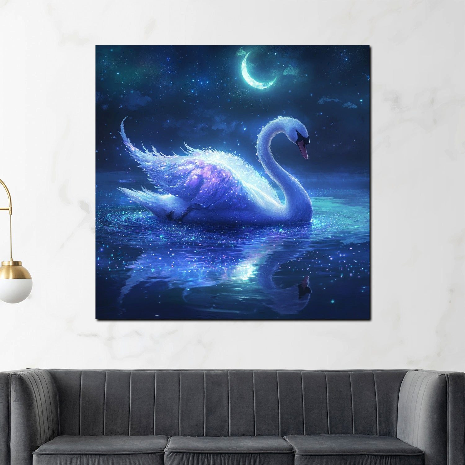 Artedinoi Leinwandbild Fantasie Schwan Mondlicht Wasser Leinwandbild Wandbild Kunstdruck XL W, Schwan im Mondlicht