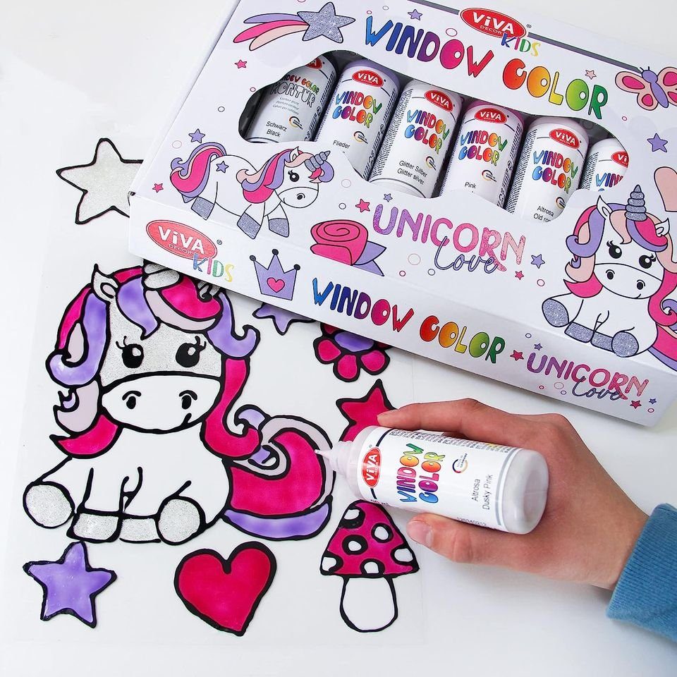 Viva Decor Kreativset Kids Window Color Unicorn Love, (8-tlg), 6x90ml inkl. Malvorlagen und Malfolie
