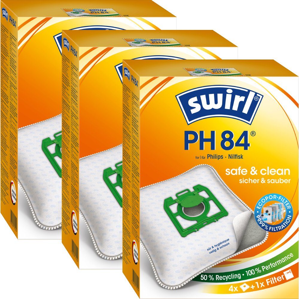 Swirl Staubsaugerbeutel Swirl PH84 PH 84, passend für Philips Karstadt Nilfisk Staubsauger, inkl. 3 Filter - zuschneidbar, 12 St., Optimale Passform, EcoPor Qualität für lange Nutzungsdauer